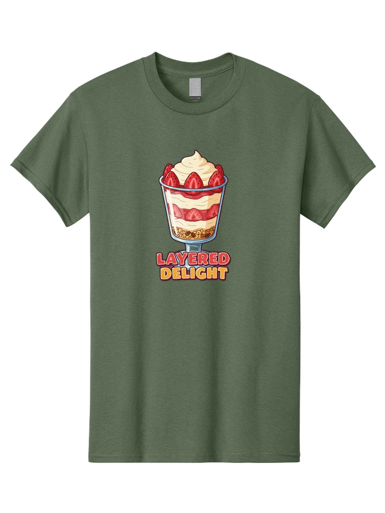 Layered-Delight Men'S Graphic Tee, 100% Cotton, Comfortable Casual Summer Wear, Machine Washable, Layered Dessert, Strawberry Parfait, Whipped Cream, Sweet Treat, Crunchy Granola, Layered Delight, Dessert Cup, Tasty Layers, Strawberry Topping, Bac110 14