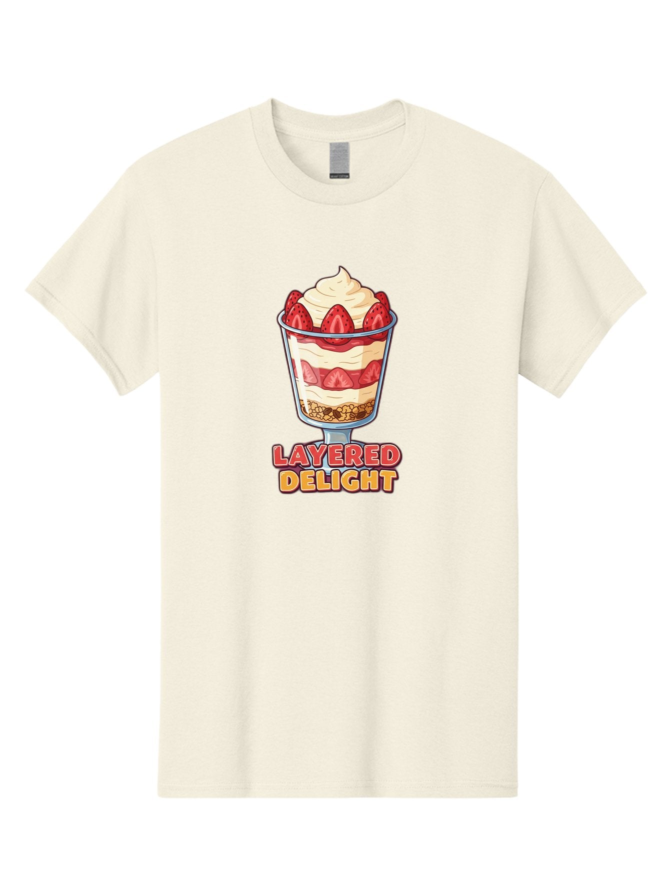 Layered-Delight Men'S Graphic Tee, 100% Cotton, Comfortable Casual Summer Wear, Machine Washable, Layered Dessert, Strawberry Parfait, Whipped Cream, Sweet Treat, Crunchy Granola, Layered Delight, Dessert Cup, Tasty Layers, Strawberry Topping, Bac110 4
