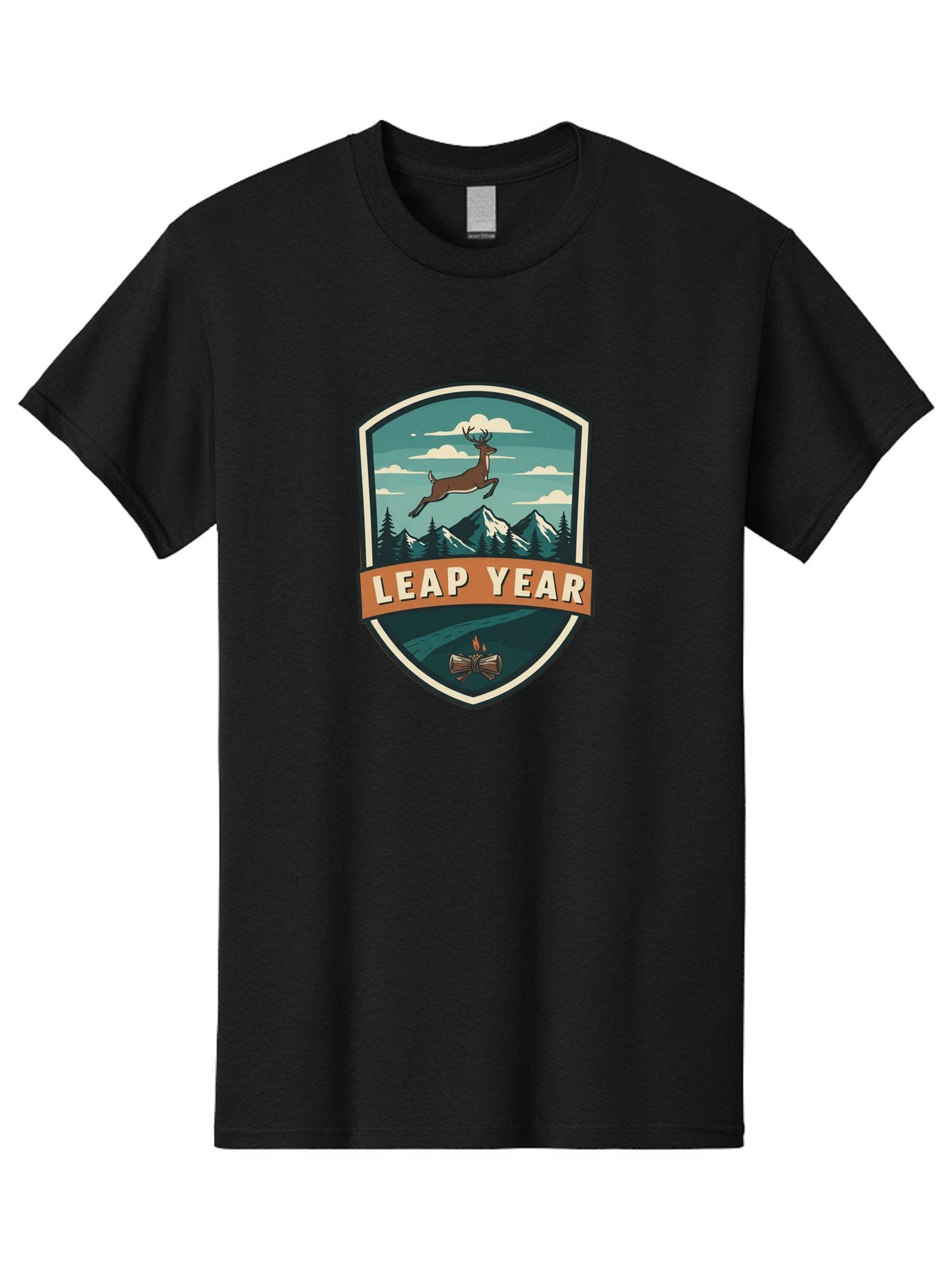 Leap-Year-4 Men'S Graphic Tee, 100% Cotton, Comfortable Casual Summer Wear, Machine Washable, Leaping Deer, Mountainous Landscape, Snowy Peaks, Evergreen Trees, Campfire, Adventure Symbol, Outdoor Emblem, Wilderness Icon, Bac114