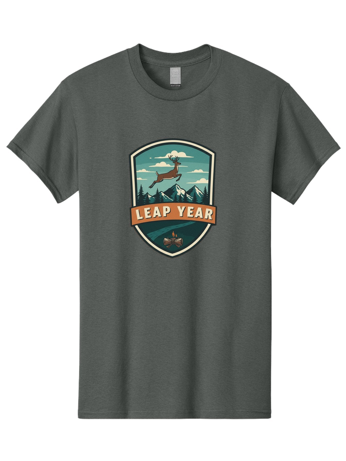 Leap-Year-4 Men'S Graphic Tee, 100% Cotton, Comfortable Casual Summer Wear, Machine Washable, Leaping Deer, Mountainous Landscape, Snowy Peaks, Evergreen Trees, Campfire, Adventure Symbol, Outdoor Emblem, Wilderness Icon, Bac114 13