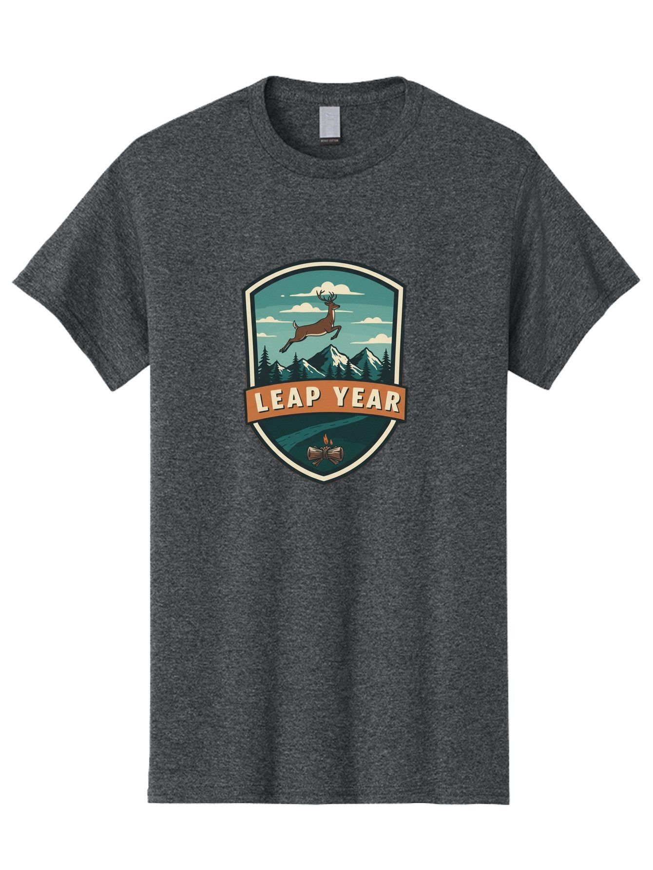 Leap-Year-4 Men'S Graphic Tee, 100% Cotton, Comfortable Casual Summer Wear, Machine Washable, Leaping Deer, Mountainous Landscape, Snowy Peaks, Evergreen Trees, Campfire, Adventure Symbol, Outdoor Emblem, Wilderness Icon, Bac114 9