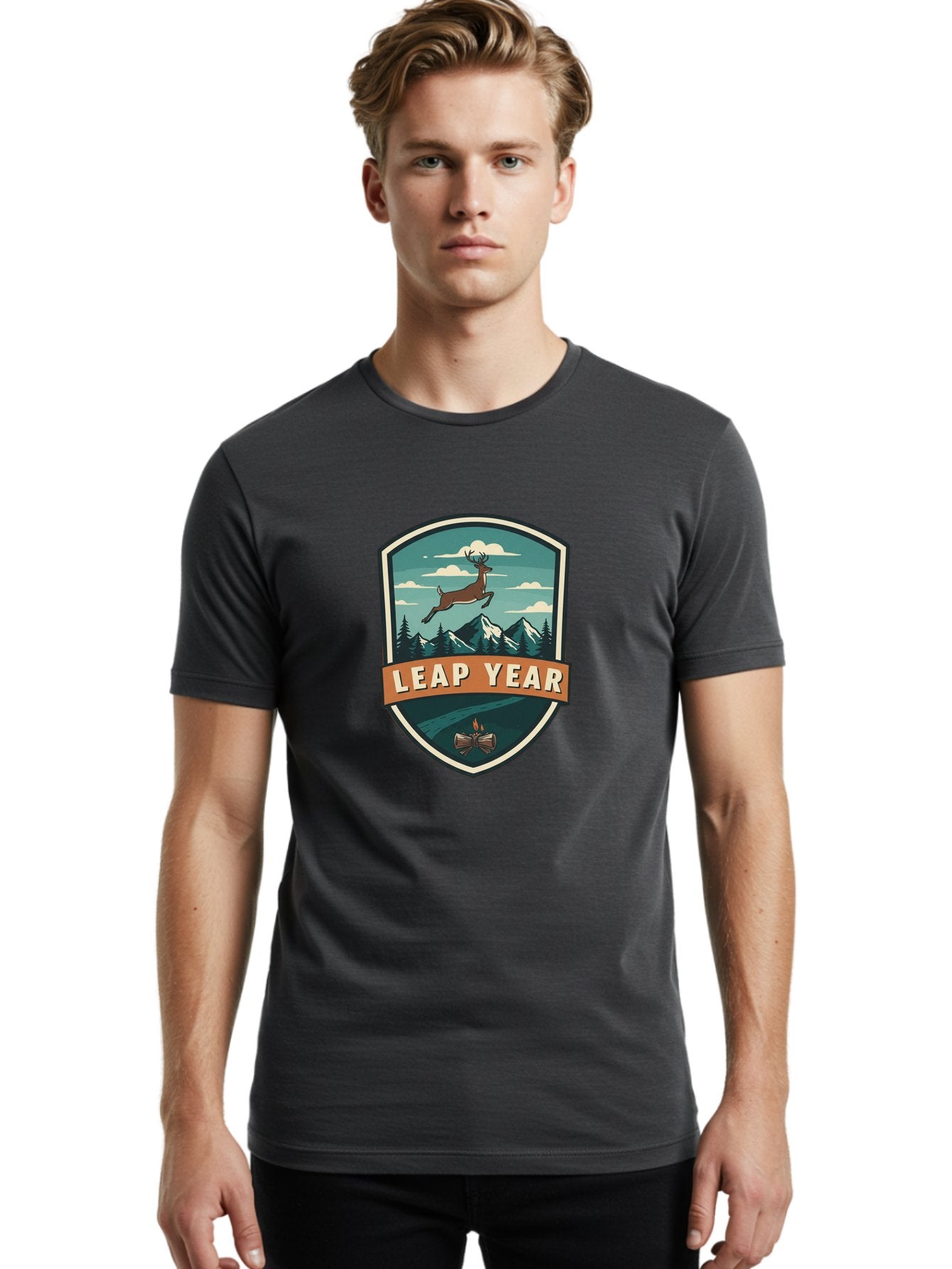 Leap-Year-4 Men'S Graphic Tee, 100% Cotton, Comfortable Casual Summer Wear, Machine Washable, Leaping Deer, Mountainous Landscape, Snowy Peaks, Evergreen Trees, Campfire, Adventure Symbol, Outdoor Emblem, Wilderness Icon, Bac114 26