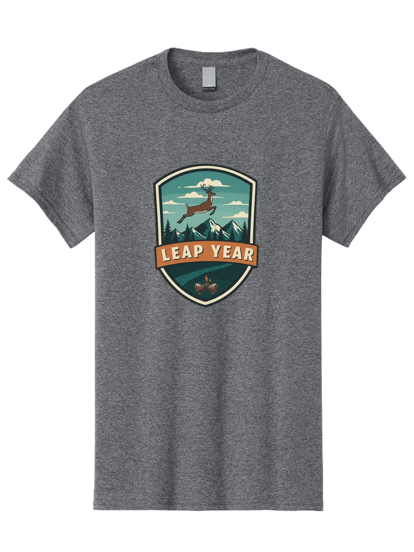 Leap-Year-4 Men'S Graphic Tee, 100% Cotton, Comfortable Casual Summer Wear, Machine Washable, Leaping Deer, Mountainous Landscape, Snowy Peaks, Evergreen Trees, Campfire, Adventure Symbol, Outdoor Emblem, Wilderness Icon, Bac114 7