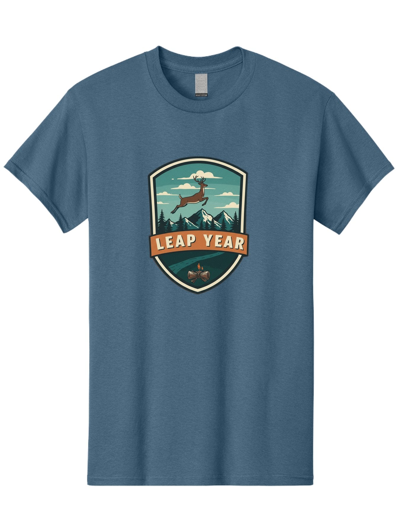 Leap-Year-4 Men'S Graphic Tee, 100% Cotton, Comfortable Casual Summer Wear, Machine Washable, Leaping Deer, Mountainous Landscape, Snowy Peaks, Evergreen Trees, Campfire, Adventure Symbol, Outdoor Emblem, Wilderness Icon, Bac114 8