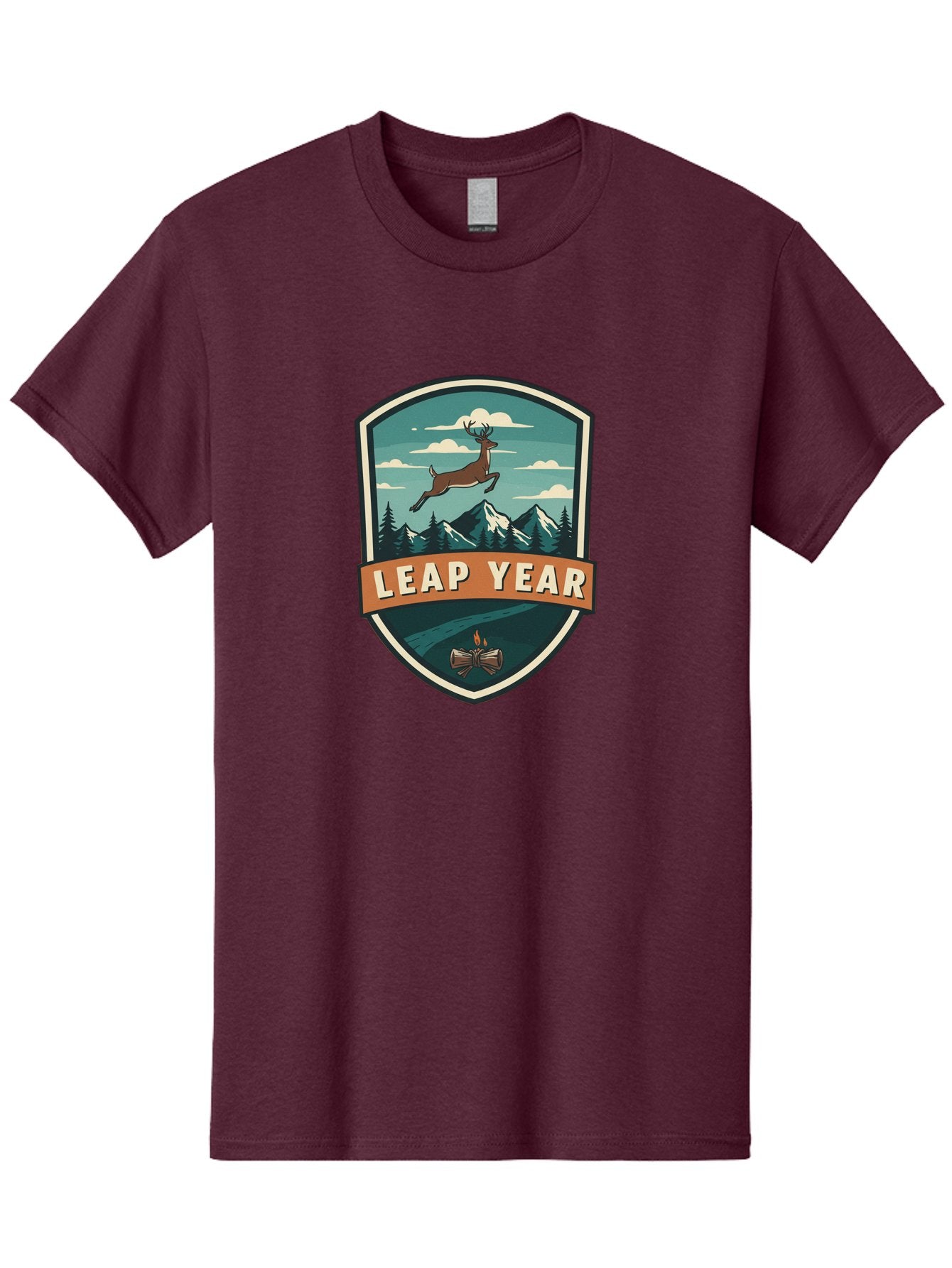 Leap-Year-4 Men'S Graphic Tee, 100% Cotton, Comfortable Casual Summer Wear, Machine Washable, Leaping Deer, Mountainous Landscape, Snowy Peaks, Evergreen Trees, Campfire, Adventure Symbol, Outdoor Emblem, Wilderness Icon, Bac114 5