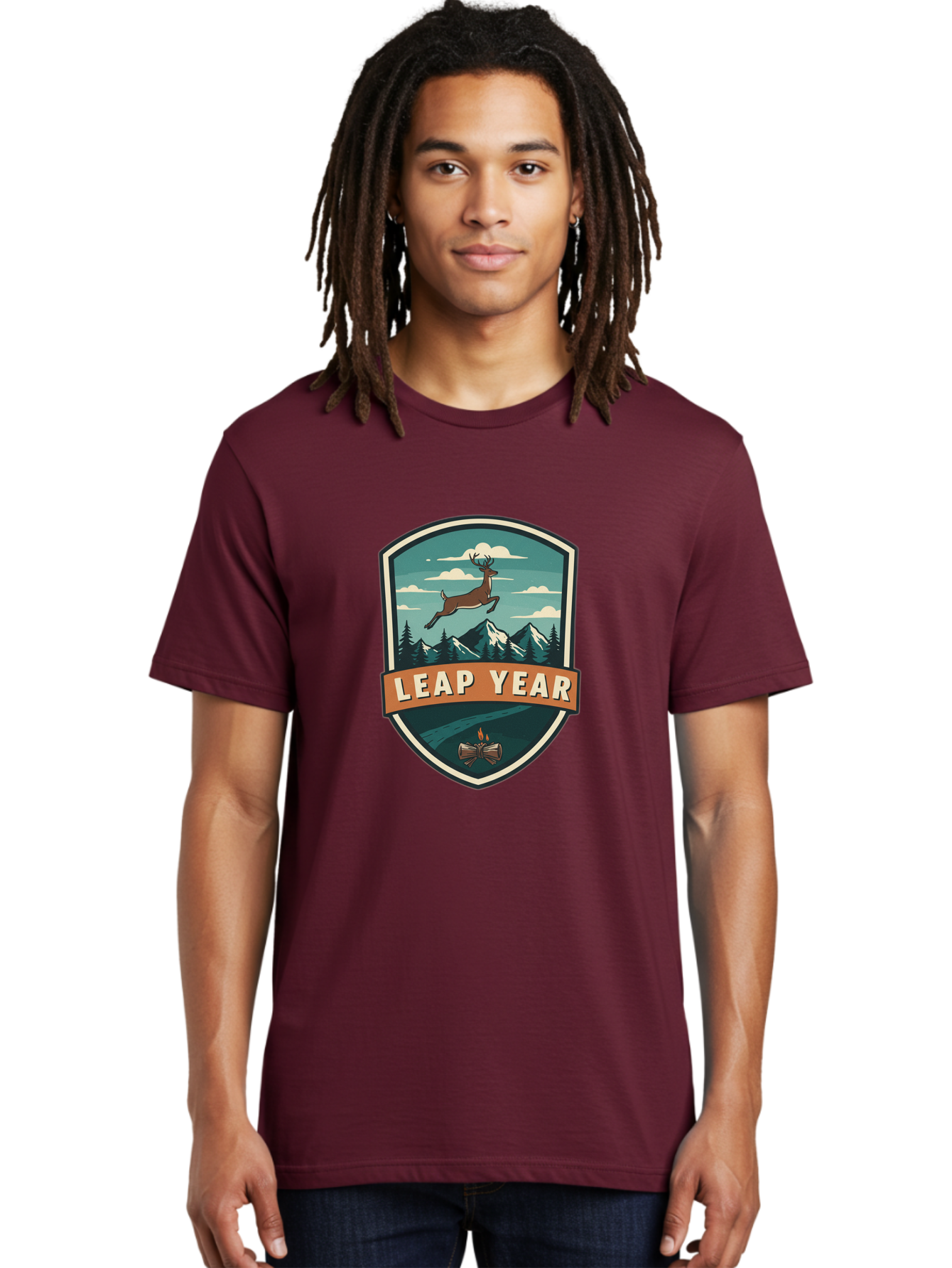 Leap-Year-4 Men'S Graphic Tee, 100% Cotton, Comfortable Casual Summer Wear, Machine Washable, Leaping Deer, Mountainous Landscape, Snowy Peaks, Evergreen Trees, Campfire, Adventure Symbol, Outdoor Emblem, Wilderness Icon, Bac114 23