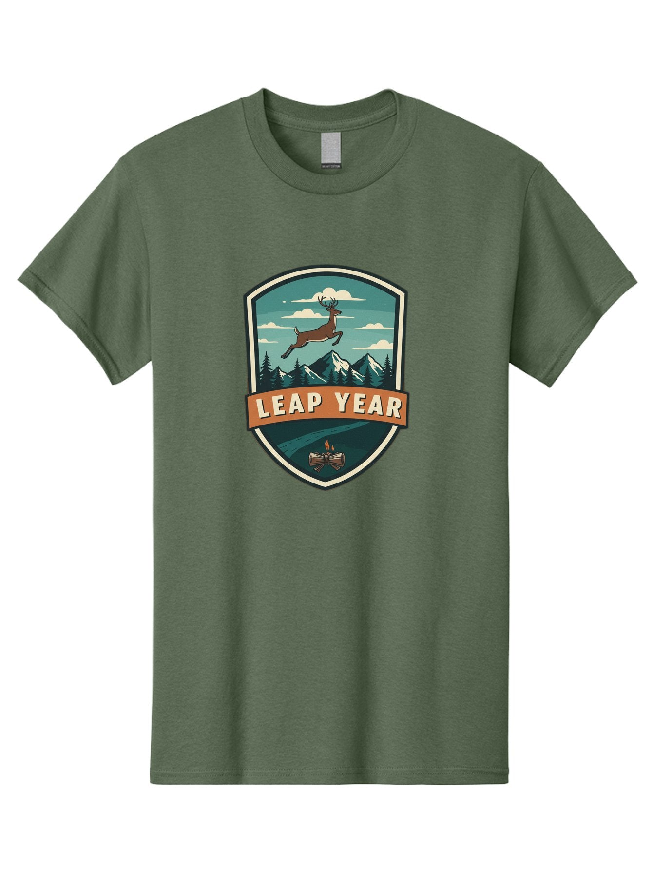 Leap-Year-4 Men'S Graphic Tee, 100% Cotton, Comfortable Casual Summer Wear, Machine Washable, Leaping Deer, Mountainous Landscape, Snowy Peaks, Evergreen Trees, Campfire, Adventure Symbol, Outdoor Emblem, Wilderness Icon, Bac114 12