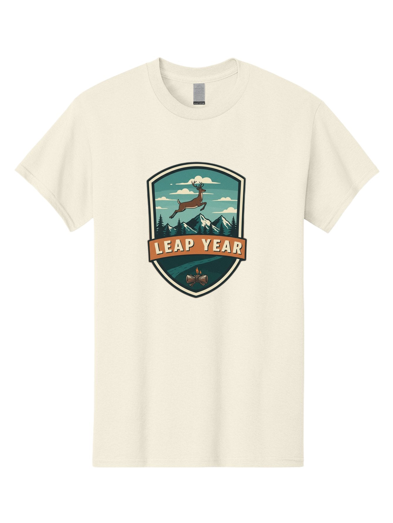Leap-Year-4 Men'S Graphic Tee, 100% Cotton, Comfortable Casual Summer Wear, Machine Washable, Leaping Deer, Mountainous Landscape, Snowy Peaks, Evergreen Trees, Campfire, Adventure Symbol, Outdoor Emblem, Wilderness Icon, Bac114 14