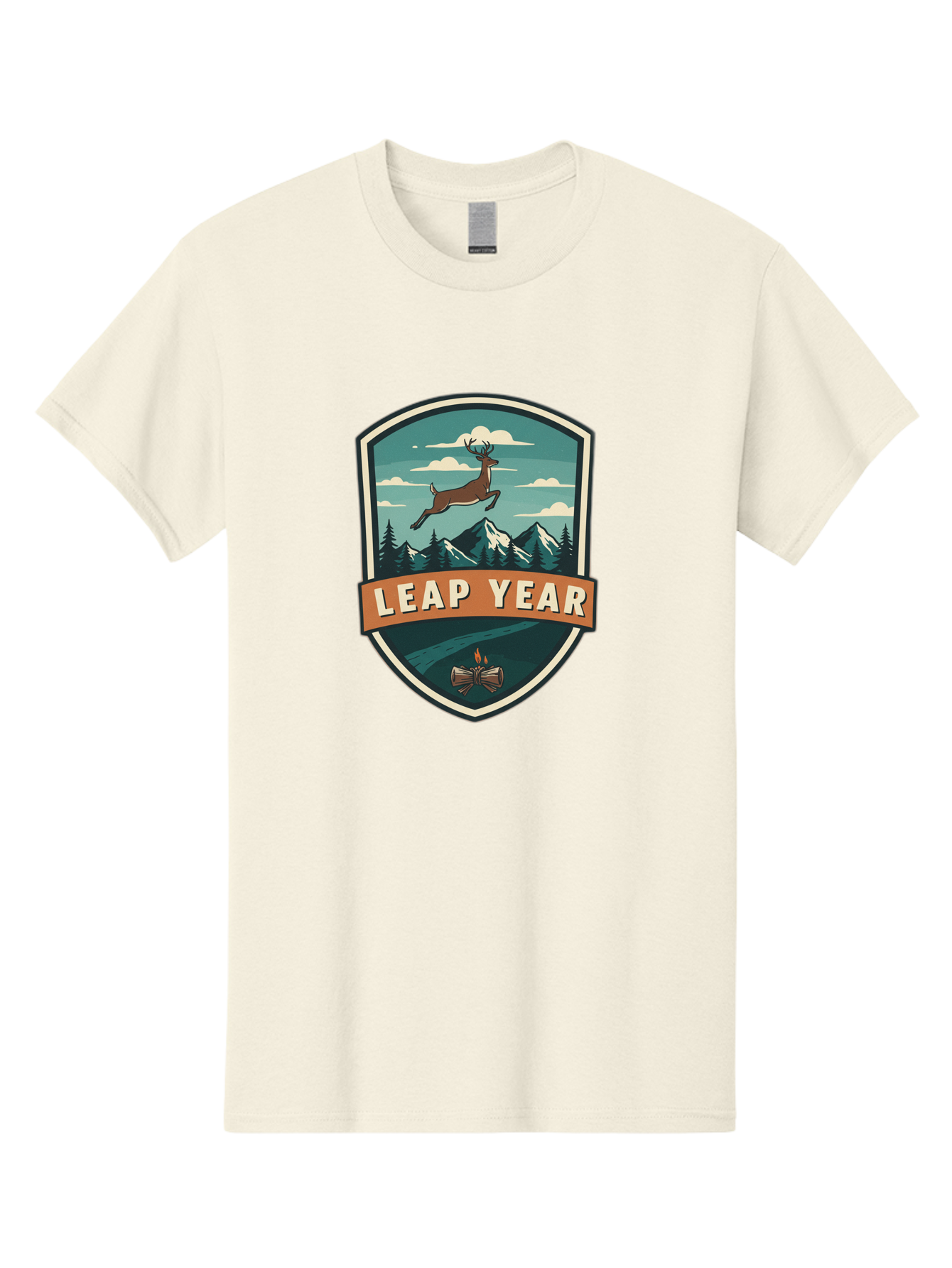 Leap-Year-4 Men'S Graphic Tee, 100% Cotton, Comfortable Casual Summer Wear, Machine Washable, Leaping Deer, Mountainous Landscape, Snowy Peaks, Evergreen Trees, Campfire, Adventure Symbol, Outdoor Emblem, Wilderness Icon, Bac114