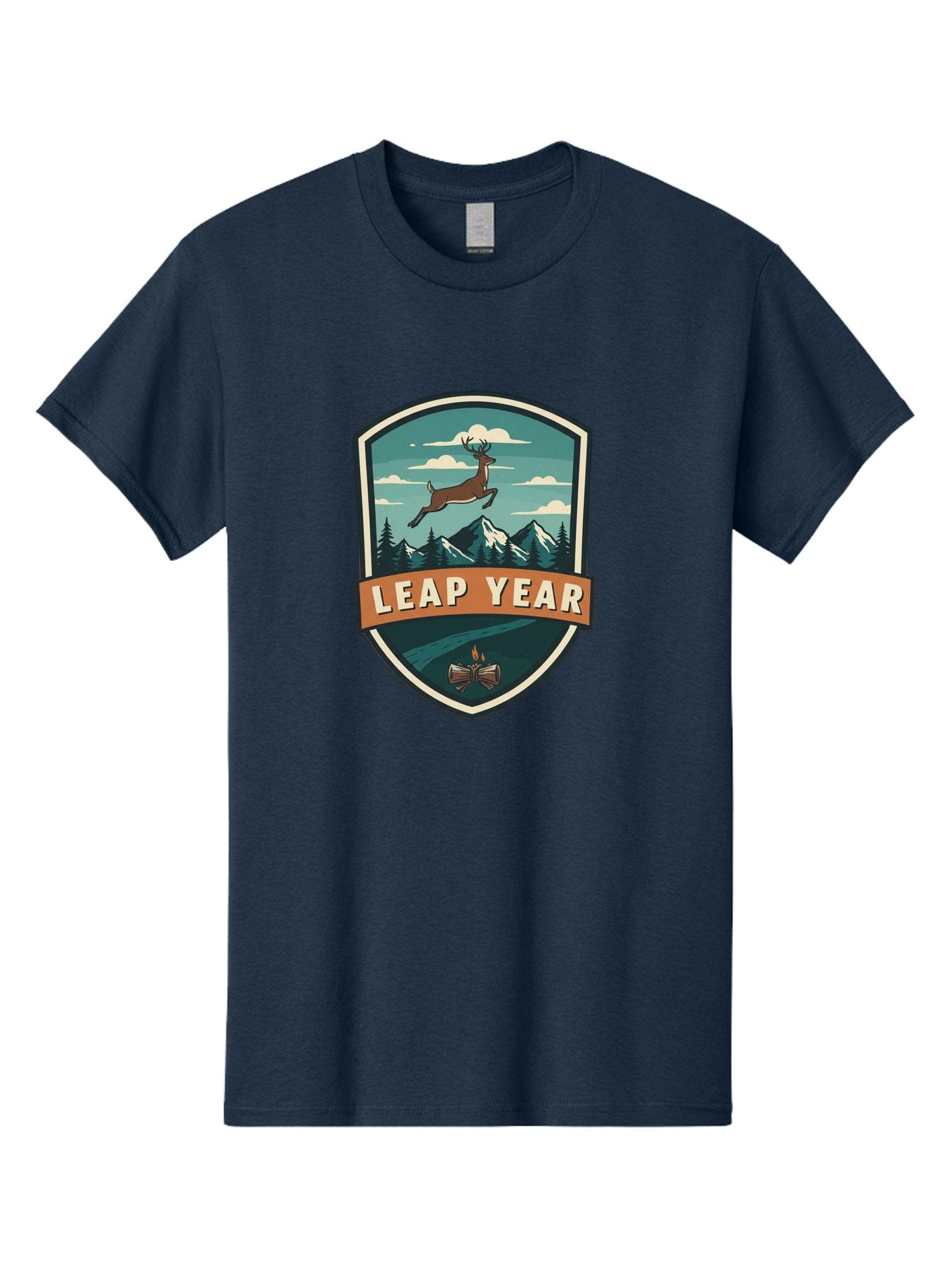 Leap-Year-4 Men'S Graphic Tee, 100% Cotton, Comfortable Casual Summer Wear, Machine Washable, Leaping Deer, Mountainous Landscape, Snowy Peaks, Evergreen Trees, Campfire, Adventure Symbol, Outdoor Emblem, Wilderness Icon, Bac114 6