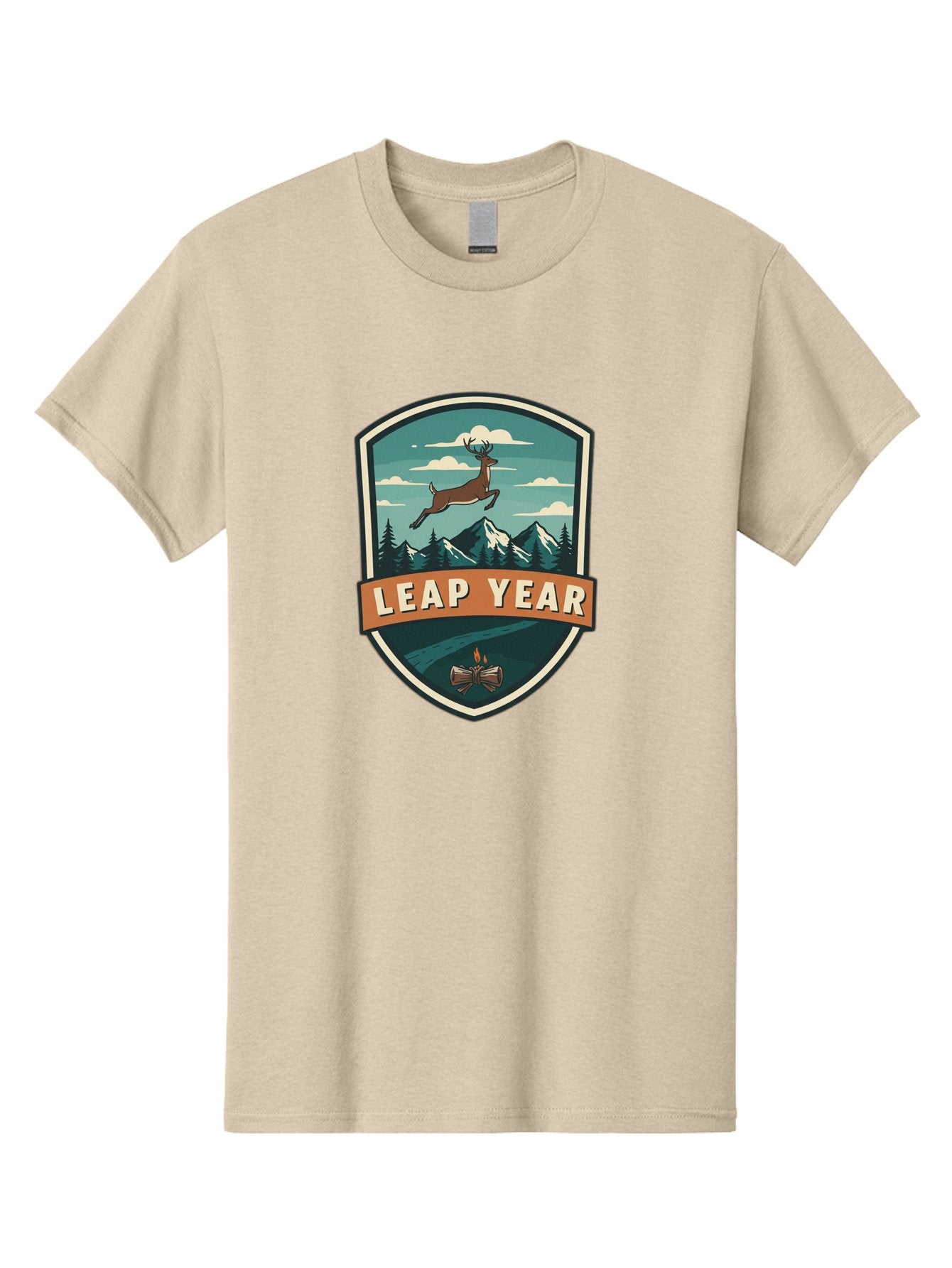 Leap-Year-4 Men'S Graphic Tee, 100% Cotton, Comfortable Casual Summer Wear, Machine Washable, Leaping Deer, Mountainous Landscape, Snowy Peaks, Evergreen Trees, Campfire, Adventure Symbol, Outdoor Emblem, Wilderness Icon, Bac114 15