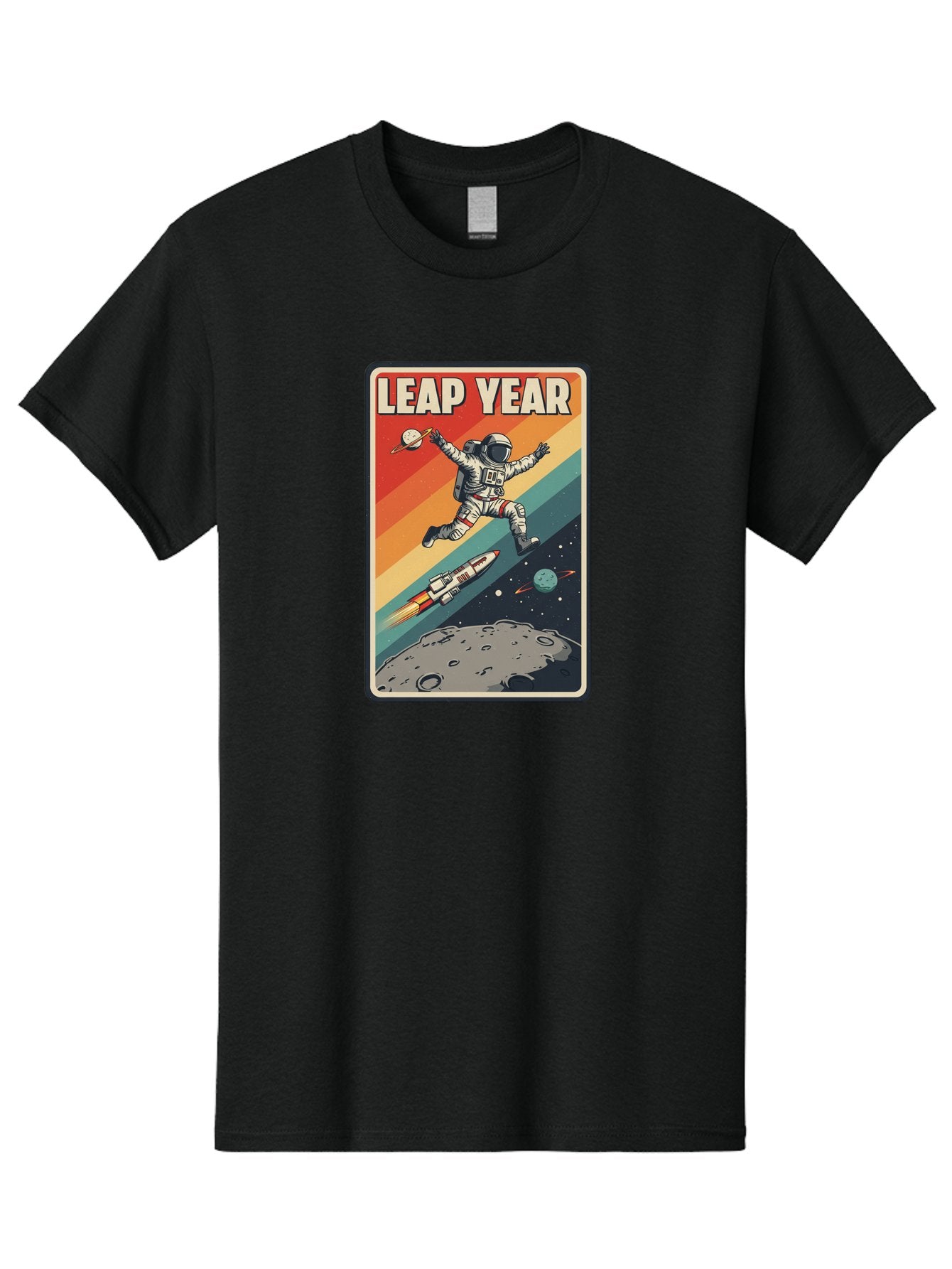 Leap-Year-5 Men'S Graphic Tee, 100% Cotton, Comfortable Casual Summer Wear, Machine Washable, Astronaut Jumping In Space, Retro-Style Poster, Space Exploration, Vintage Graphics, Astronaut In Mid-Air, Rocket Ship In The Background, Bac115 7