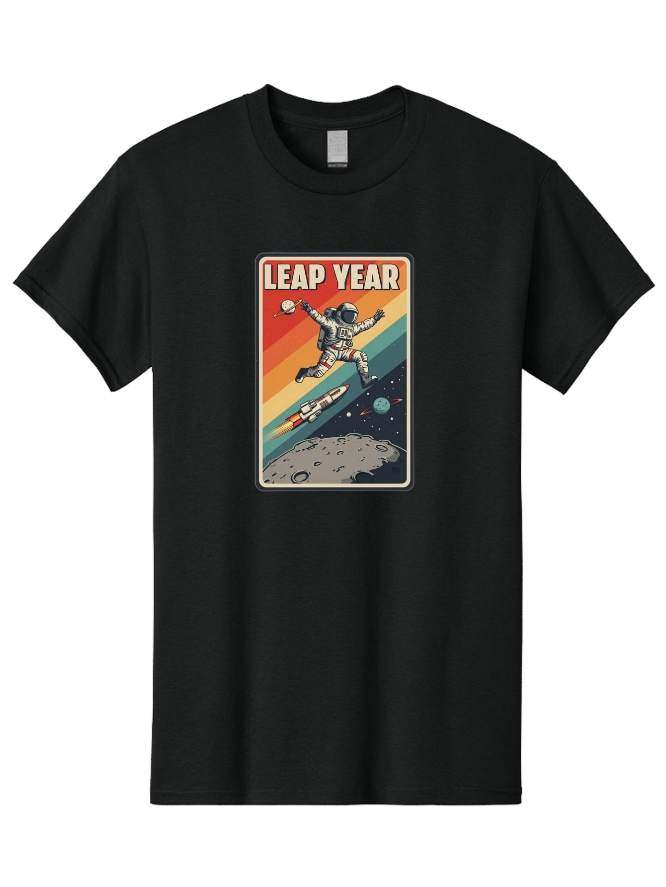 Leap-Year-5 Men'S Graphic Tee, 100% Cotton, Comfortable Casual Summer Wear, Machine Washable, Astronaut Jumping In Space, Retro-Style Poster, Space Exploration, Vintage Graphics, Astronaut In Mid-Air, Rocket Ship In The Background, Bac115 13