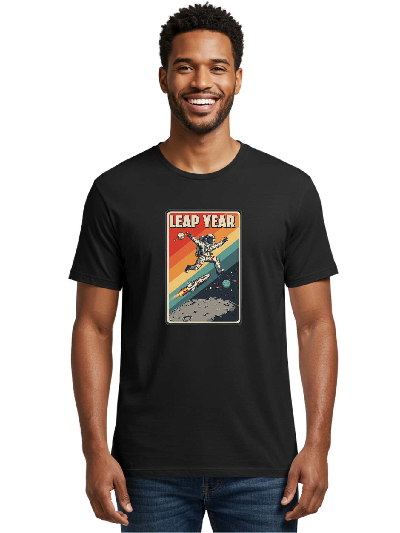 Leap-Year-5 Men'S Graphic Tee, 100% Cotton, Comfortable Casual Summer Wear, Machine Washable, Astronaut Jumping In Space, Retro-Style Poster, Space Exploration, Vintage Graphics, Astronaut In Mid-Air, Rocket Ship In The Background, Bac115 28
