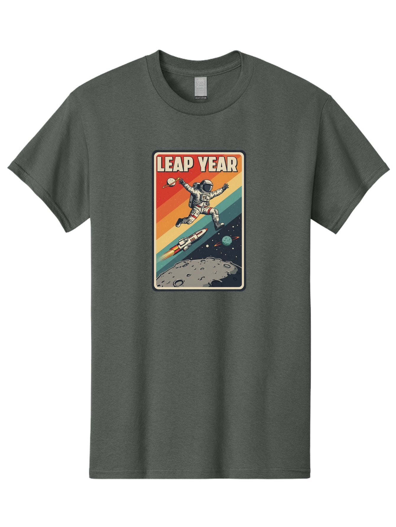 Leap-Year-5 Men'S Graphic Tee, 100% Cotton, Comfortable Casual Summer Wear, Machine Washable, Astronaut Jumping In Space, Retro-Style Poster, Space Exploration, Vintage Graphics, Astronaut In Mid-Air, Rocket Ship In The Background, Bac115 12