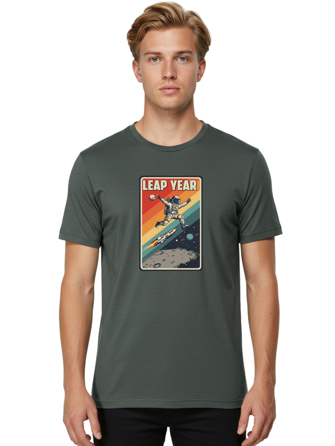 Leap-Year-5 Men'S Graphic Tee, 100% Cotton, Comfortable Casual Summer Wear, Machine Washable, Astronaut Jumping In Space, Retro-Style Poster, Space Exploration, Vintage Graphics, Astronaut In Mid-Air, Rocket Ship In The Background, Bac115 28