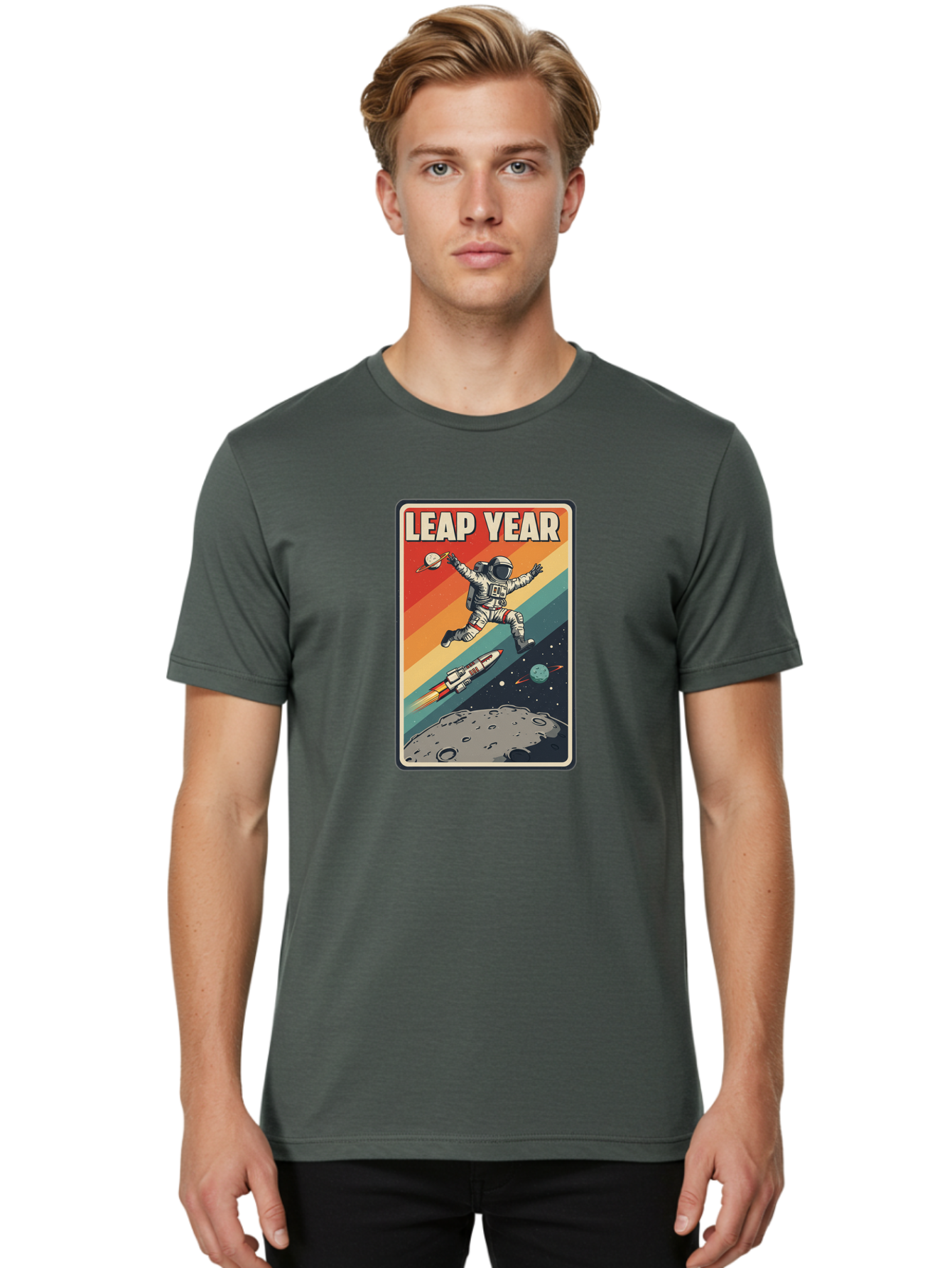 Leap-Year-5 Men'S Graphic Tee, 100% Cotton, Comfortable Casual Summer Wear, Machine Washable, Astronaut Jumping In Space, Retro-Style Poster, Space Exploration, Vintage Graphics, Astronaut In Mid-Air, Rocket Ship In The Background, Bac115 18