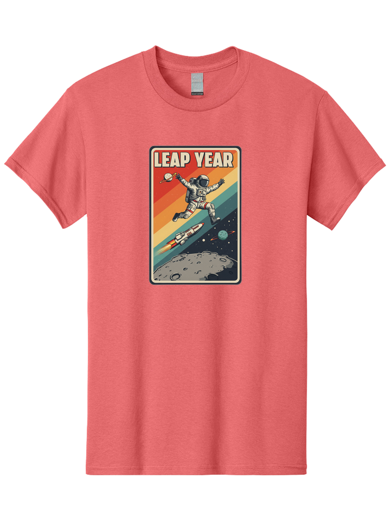 Leap-Year-5 Men'S Graphic Tee, 100% Cotton, Comfortable Casual Summer Wear, Machine Washable, Astronaut Jumping In Space, Retro-Style Poster, Space Exploration, Vintage Graphics, Astronaut In Mid-Air, Rocket Ship In The Background, Bac115 14