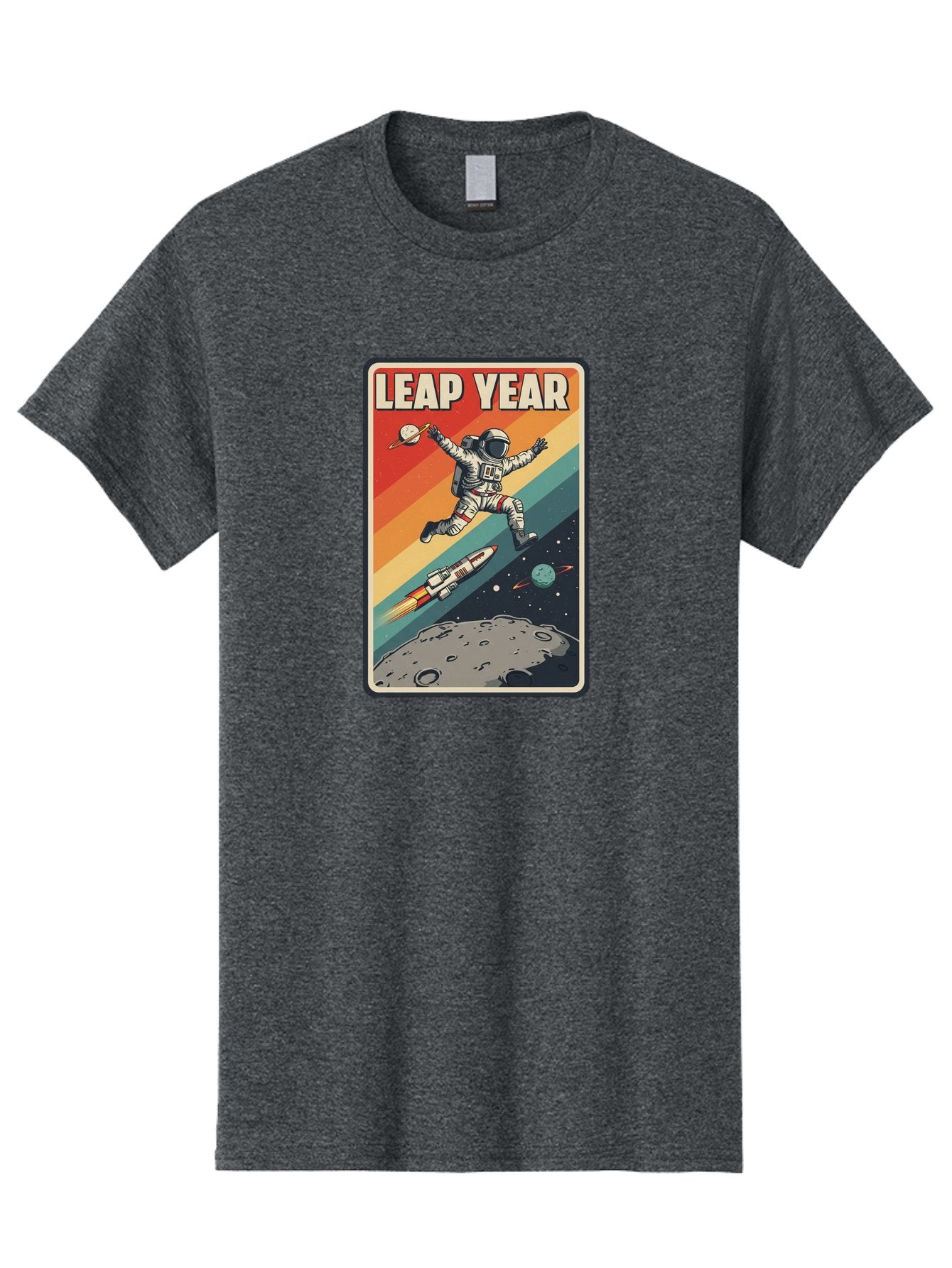 Leap-Year-5 Men'S Graphic Tee, 100% Cotton, Comfortable Casual Summer Wear, Machine Washable, Astronaut Jumping In Space, Retro-Style Poster, Space Exploration, Vintage Graphics, Astronaut In Mid-Air, Rocket Ship In The Background, Bac115