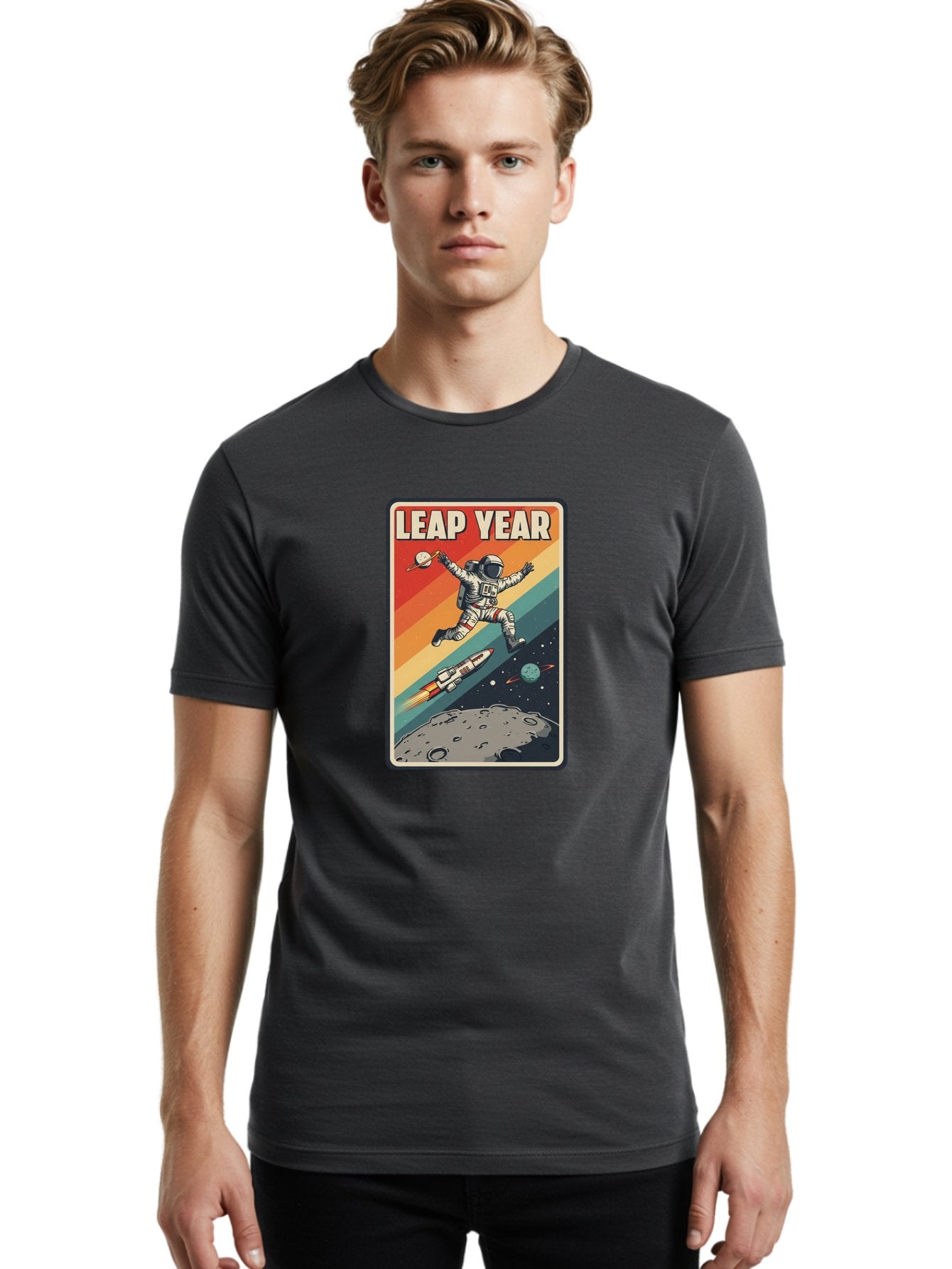 Leap-Year-5 Men'S Graphic Tee, 100% Cotton, Comfortable Casual Summer Wear, Machine Washable, Astronaut Jumping In Space, Retro-Style Poster, Space Exploration, Vintage Graphics, Astronaut In Mid-Air, Rocket Ship In The Background, Bac115 21