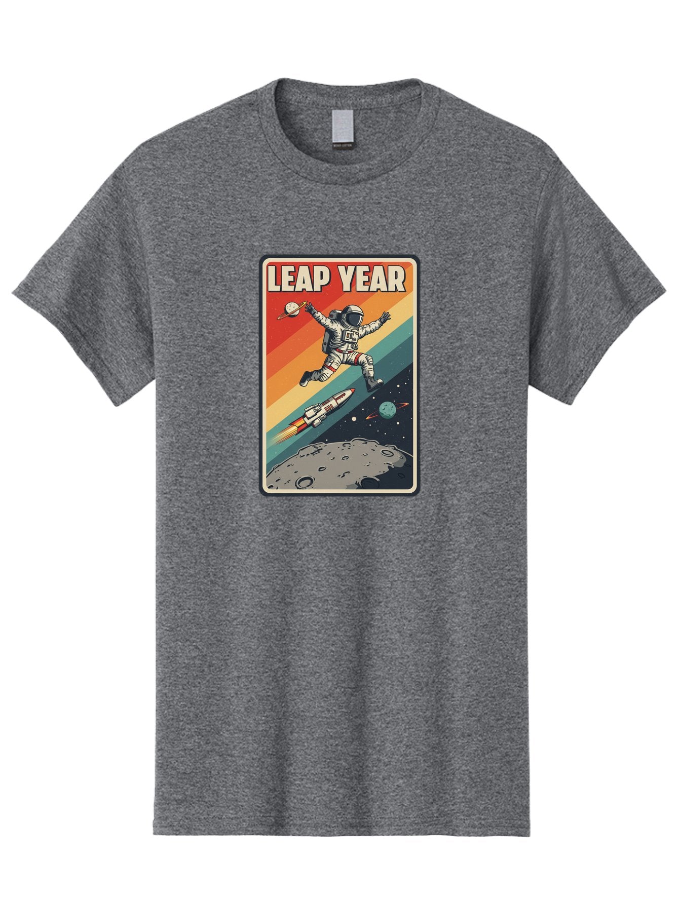 Leap-Year-5 Men'S Graphic Tee, 100% Cotton, Comfortable Casual Summer Wear, Machine Washable, Astronaut Jumping In Space, Retro-Style Poster, Space Exploration, Vintage Graphics, Astronaut In Mid-Air, Rocket Ship In The Background, Bac115 13