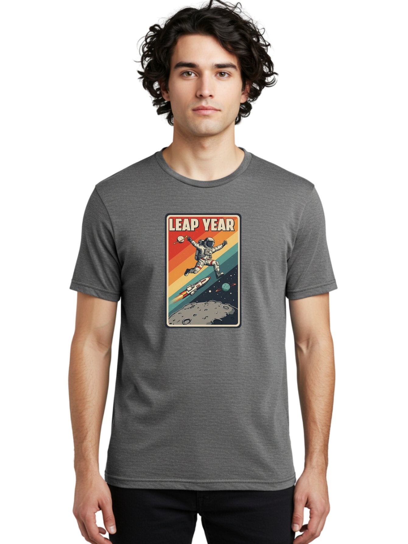 Leap-Year-5 Men'S Graphic Tee, 100% Cotton, Comfortable Casual Summer Wear, Machine Washable, Astronaut Jumping In Space, Retro-Style Poster, Space Exploration, Vintage Graphics, Astronaut In Mid-Air, Rocket Ship In The Background, Bac115 20