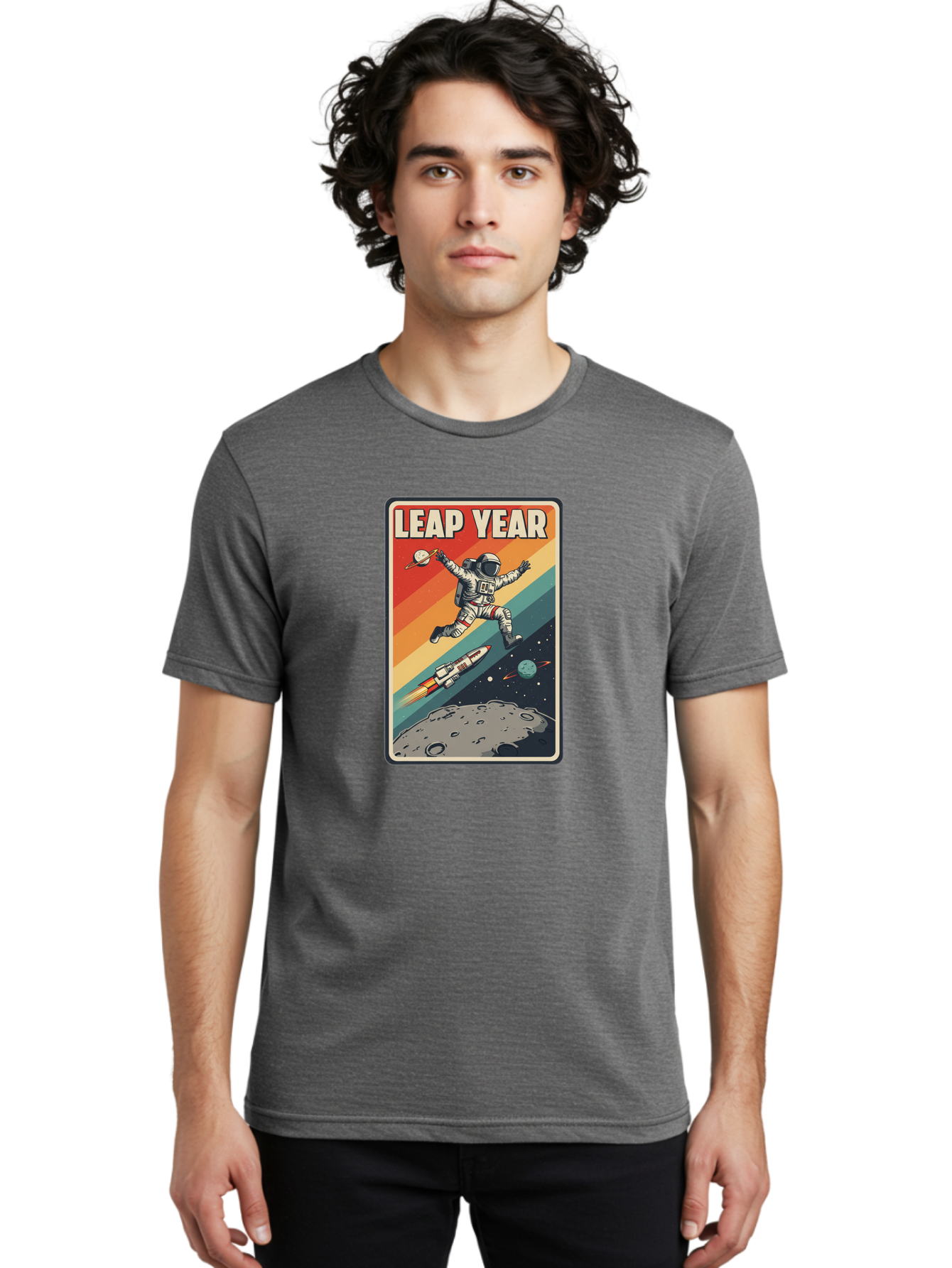 Leap-Year-5 Men'S Graphic Tee, 100% Cotton, Comfortable Casual Summer Wear, Machine Washable, Astronaut Jumping In Space, Retro-Style Poster, Space Exploration, Vintage Graphics, Astronaut In Mid-Air, Rocket Ship In The Background, Bac115 30