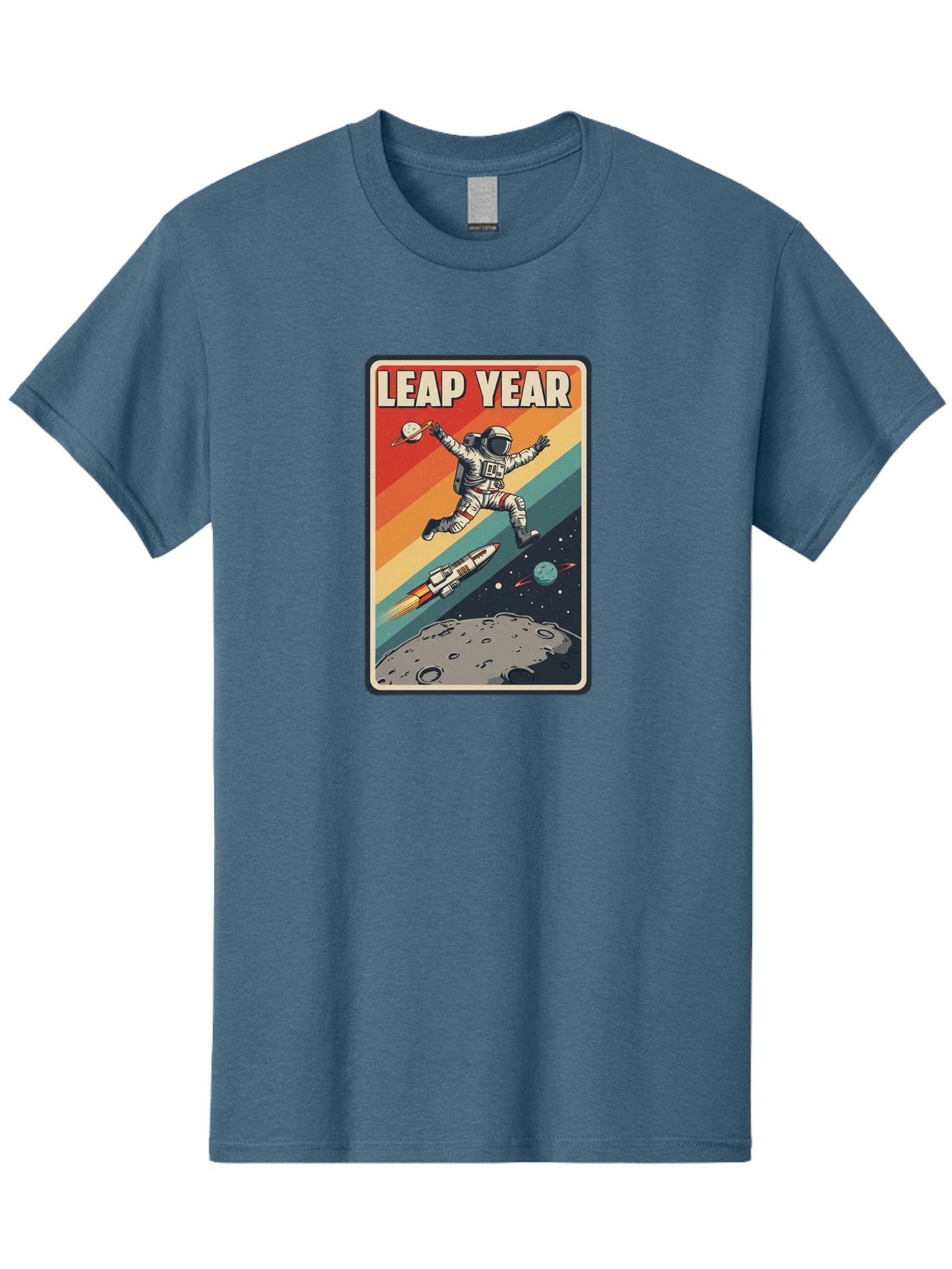 Leap-Year-5 Men'S Graphic Tee, 100% Cotton, Comfortable Casual Summer Wear, Machine Washable, Astronaut Jumping In Space, Retro-Style Poster, Space Exploration, Vintage Graphics, Astronaut In Mid-Air, Rocket Ship In The Background, Bac115 4