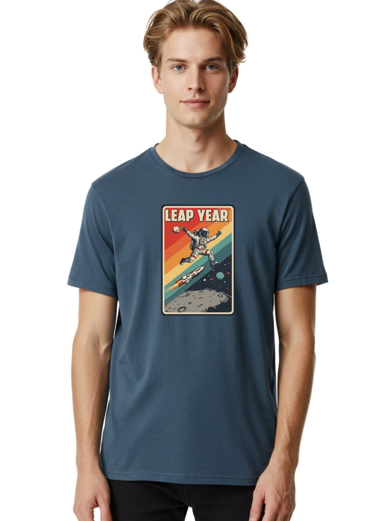 Leap-Year-5 Men'S Graphic Tee, 100% Cotton, Comfortable Casual Summer Wear, Machine Washable, Astronaut Jumping In Space, Retro-Style Poster, Space Exploration, Vintage Graphics, Astronaut In Mid-Air, Rocket Ship In The Background, Bac115 18