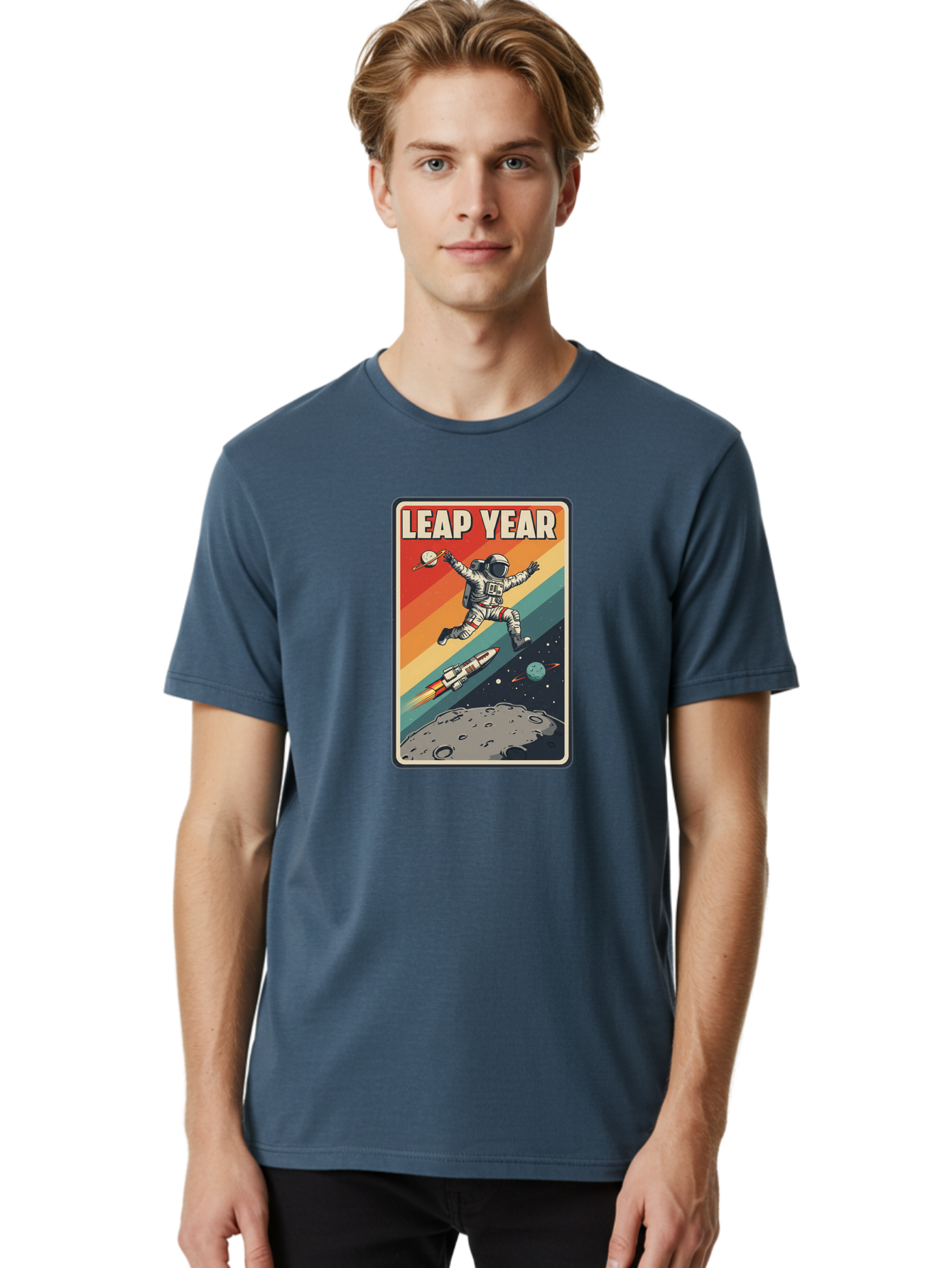 Leap-Year-5 Men'S Graphic Tee, 100% Cotton, Comfortable Casual Summer Wear, Machine Washable, Astronaut Jumping In Space, Retro-Style Poster, Space Exploration, Vintage Graphics, Astronaut In Mid-Air, Rocket Ship In The Background, Bac115 27