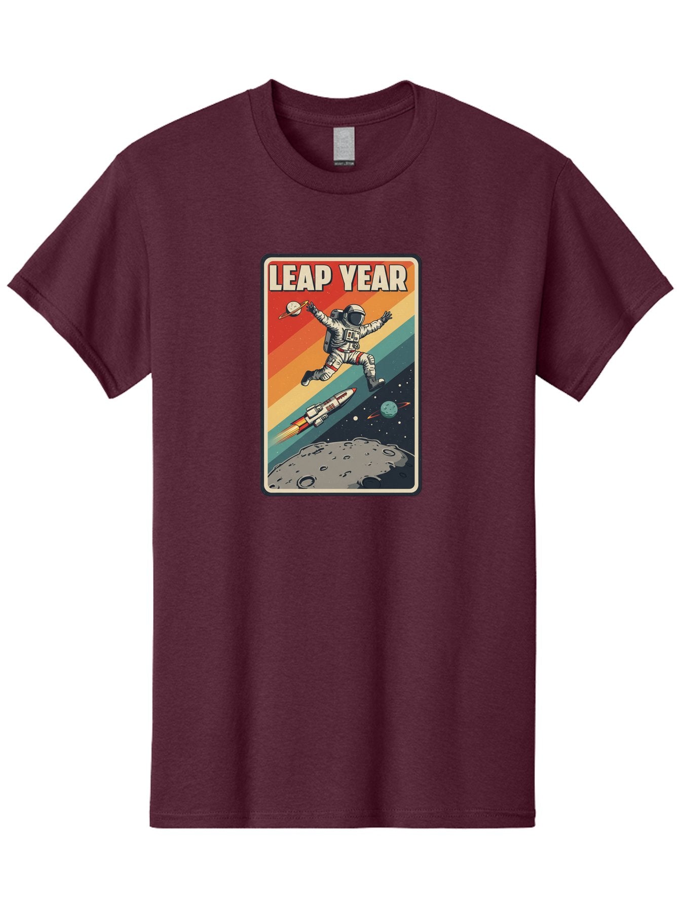 Leap-Year-5 Men'S Graphic Tee, 100% Cotton, Comfortable Casual Summer Wear, Machine Washable, Astronaut Jumping In Space, Retro-Style Poster, Space Exploration, Vintage Graphics, Astronaut In Mid-Air, Rocket Ship In The Background, Bac115 3