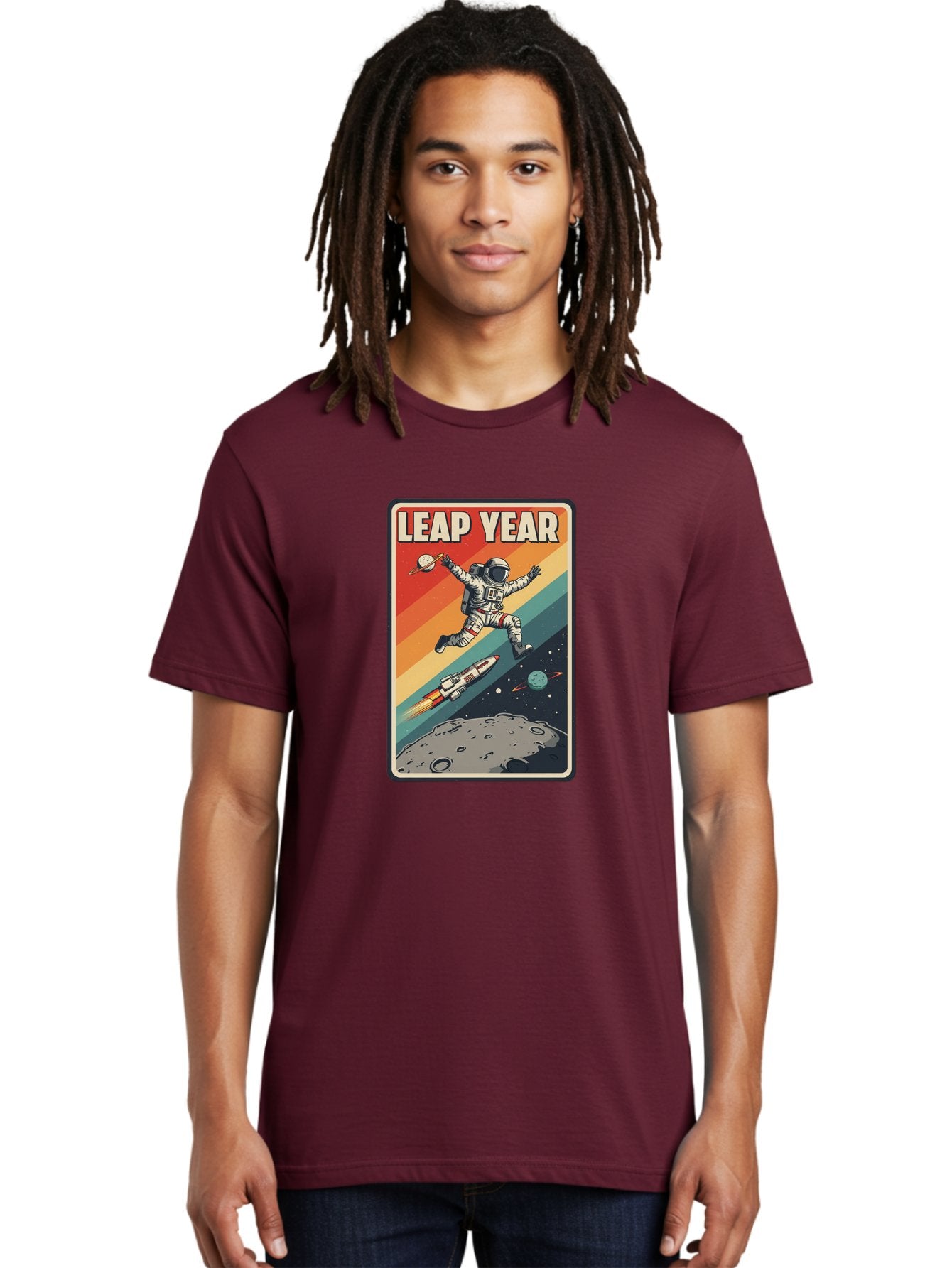 Leap-Year-5 Men'S Graphic Tee, 100% Cotton, Comfortable Casual Summer Wear, Machine Washable, Astronaut Jumping In Space, Retro-Style Poster, Space Exploration, Vintage Graphics, Astronaut In Mid-Air, Rocket Ship In The Background, Bac115 22