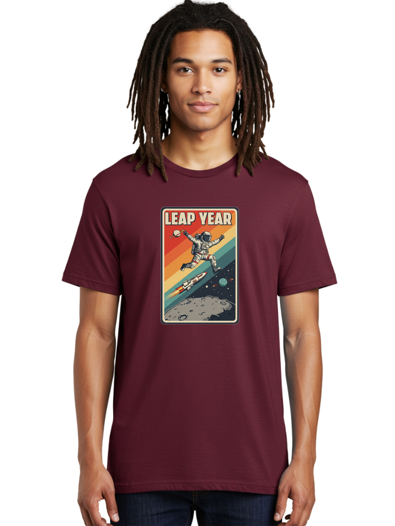 Leap-Year-5 Men'S Graphic Tee, 100% Cotton, Comfortable Casual Summer Wear, Machine Washable, Astronaut Jumping In Space, Retro-Style Poster, Space Exploration, Vintage Graphics, Astronaut In Mid-Air, Rocket Ship In The Background, Bac115 24