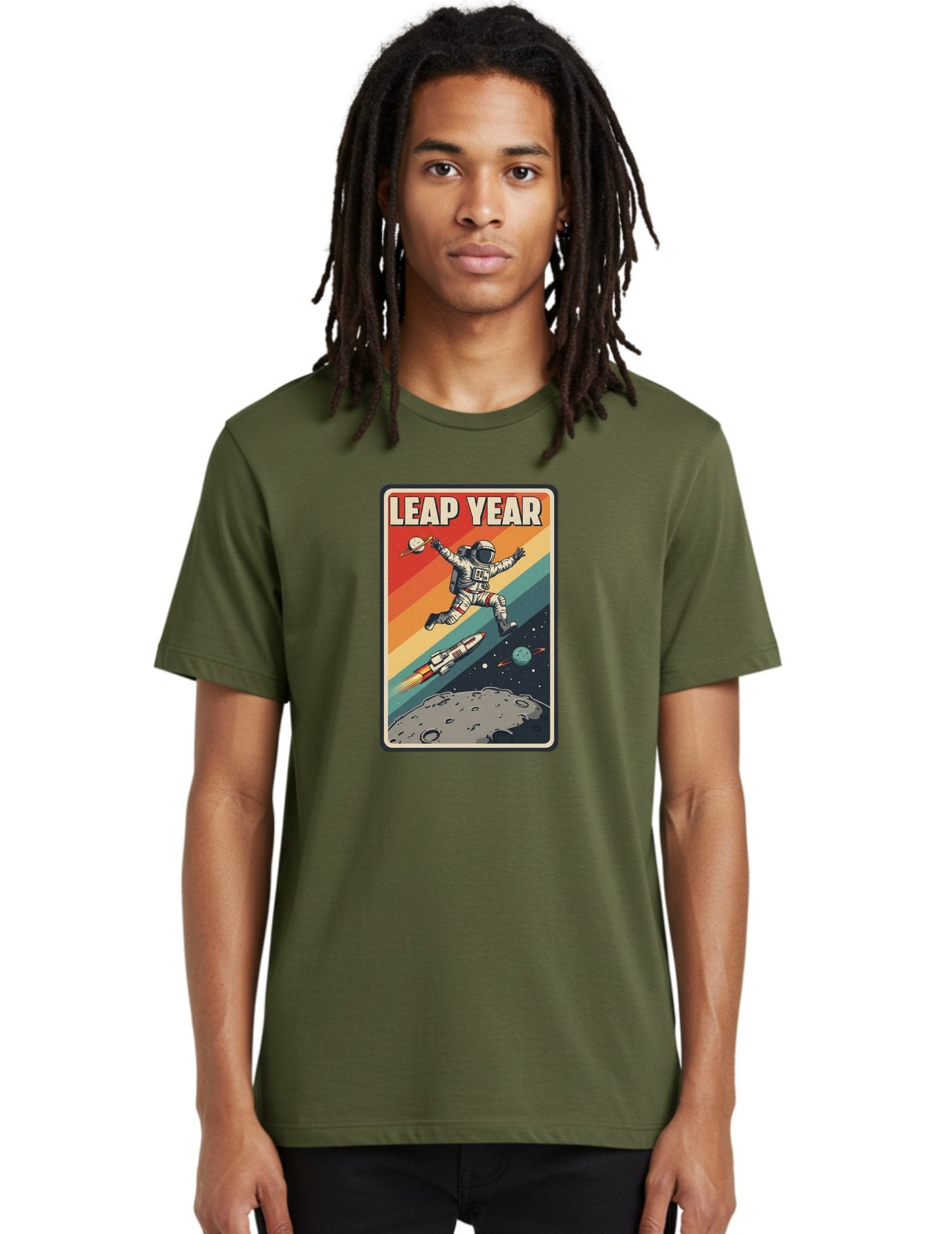 Leap-Year-5 Men'S Graphic Tee, 100% Cotton, Comfortable Casual Summer Wear, Machine Washable, Astronaut Jumping In Space, Retro-Style Poster, Space Exploration, Vintage Graphics, Astronaut In Mid-Air, Rocket Ship In The Background, Bac115 25