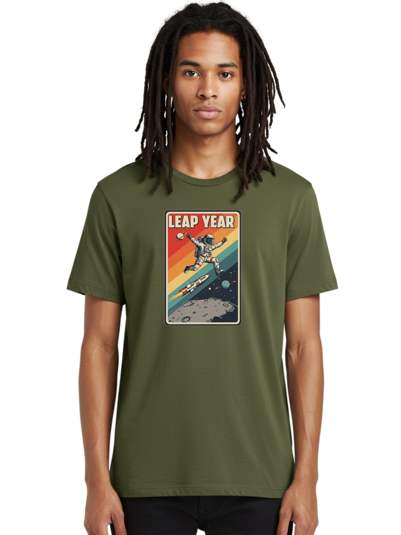 Leap-Year-5 Men'S Graphic Tee, 100% Cotton, Comfortable Casual Summer Wear, Machine Washable, Astronaut Jumping In Space, Retro-Style Poster, Space Exploration, Vintage Graphics, Astronaut In Mid-Air, Rocket Ship In The Background, Bac115 21