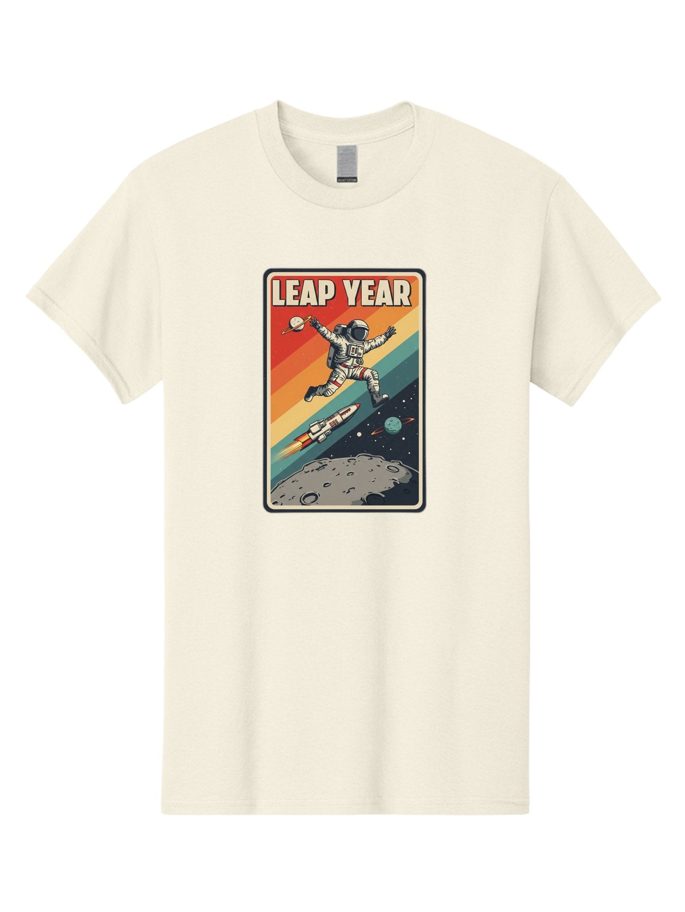 Leap-Year-5 Men'S Graphic Tee, 100% Cotton, Comfortable Casual Summer Wear, Machine Washable, Astronaut Jumping In Space, Retro-Style Poster, Space Exploration, Vintage Graphics, Astronaut In Mid-Air, Rocket Ship In The Background, Bac115 9