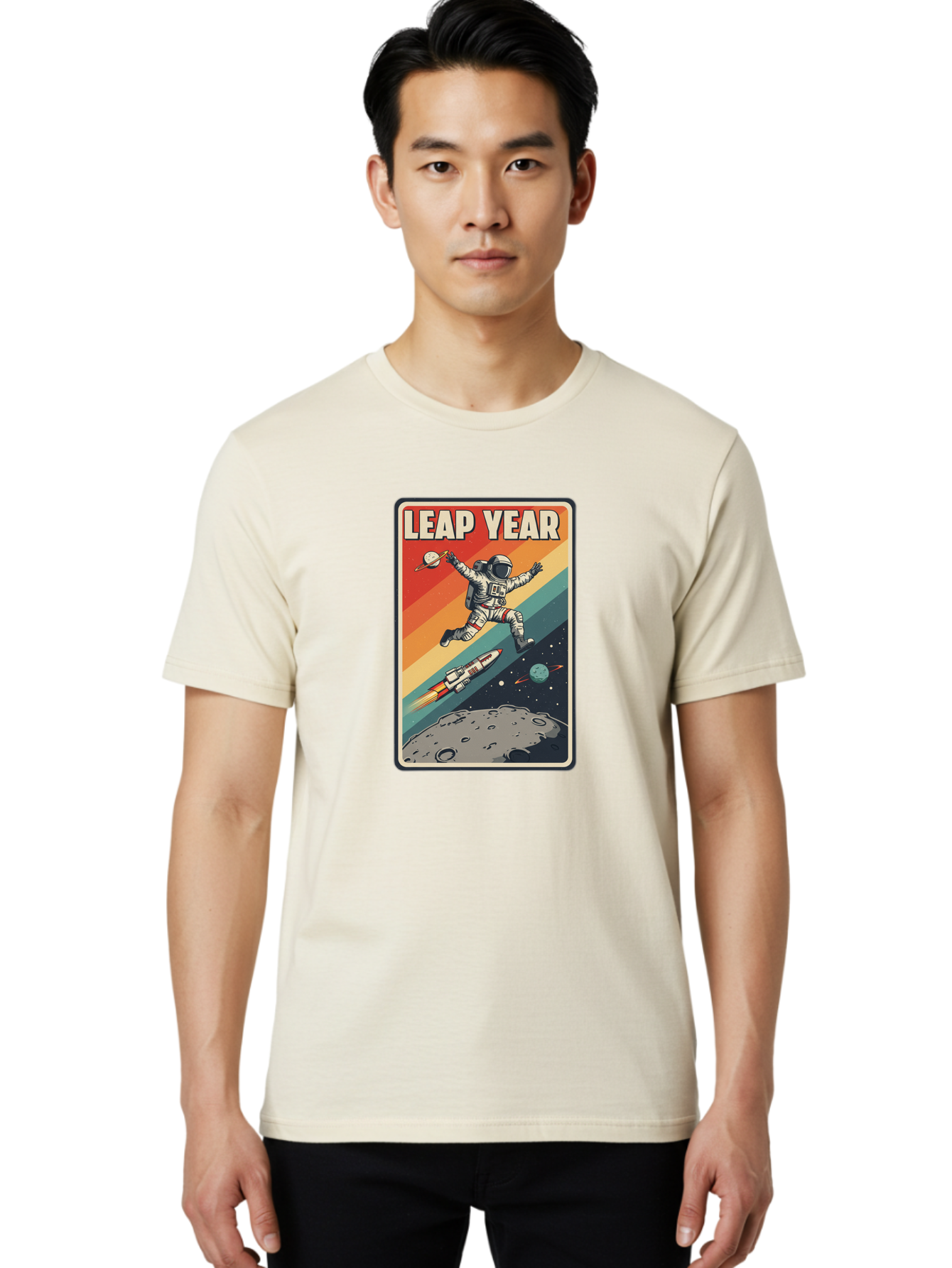 Leap-Year-5 Men'S Graphic Tee, 100% Cotton, Comfortable Casual Summer Wear, Machine Washable, Astronaut Jumping In Space, Retro-Style Poster, Space Exploration, Vintage Graphics, Astronaut In Mid-Air, Rocket Ship In The Background, Bac115 20