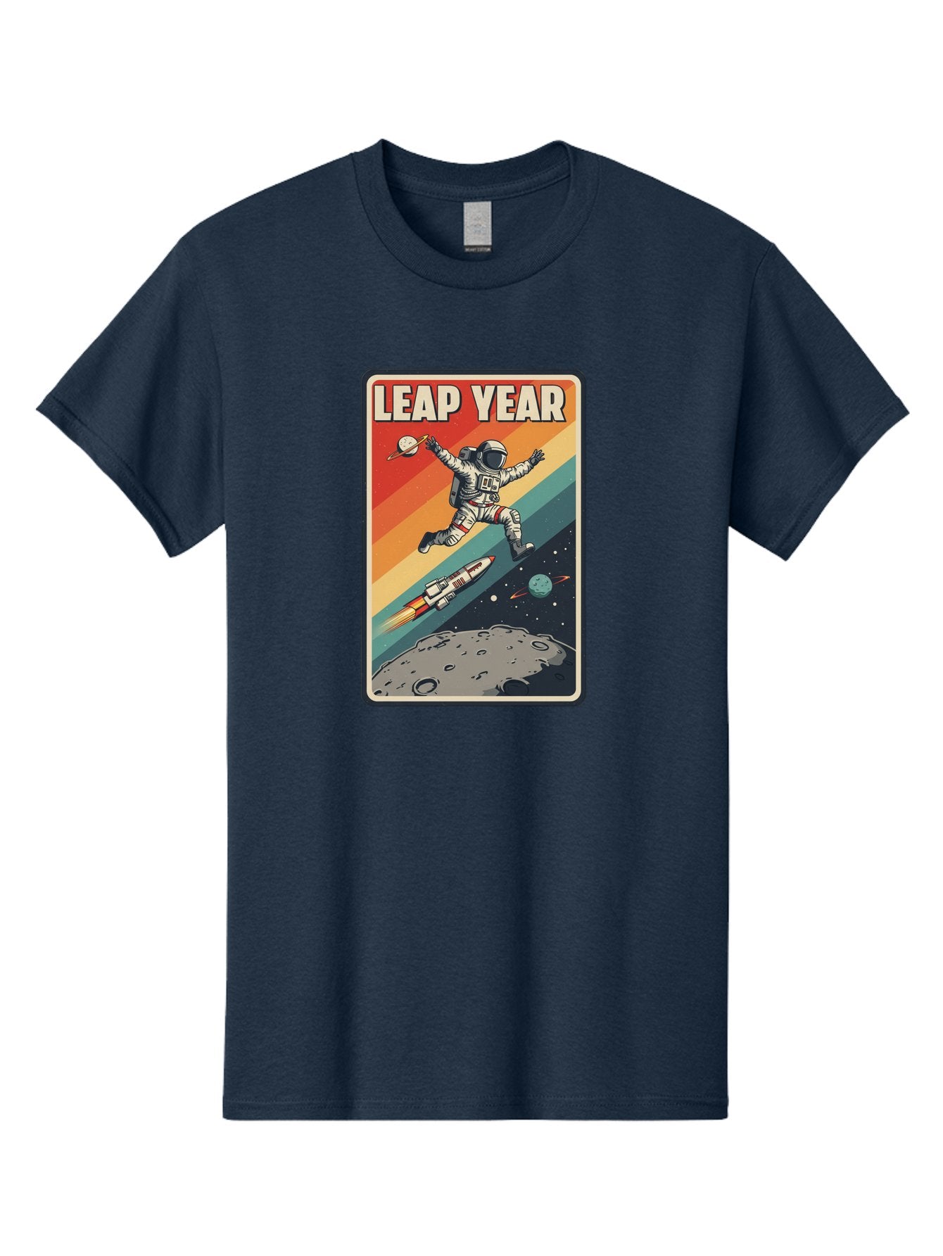 Leap-Year-5 Men'S Graphic Tee, 100% Cotton, Comfortable Casual Summer Wear, Machine Washable, Astronaut Jumping In Space, Retro-Style Poster, Space Exploration, Vintage Graphics, Astronaut In Mid-Air, Rocket Ship In The Background, Bac115