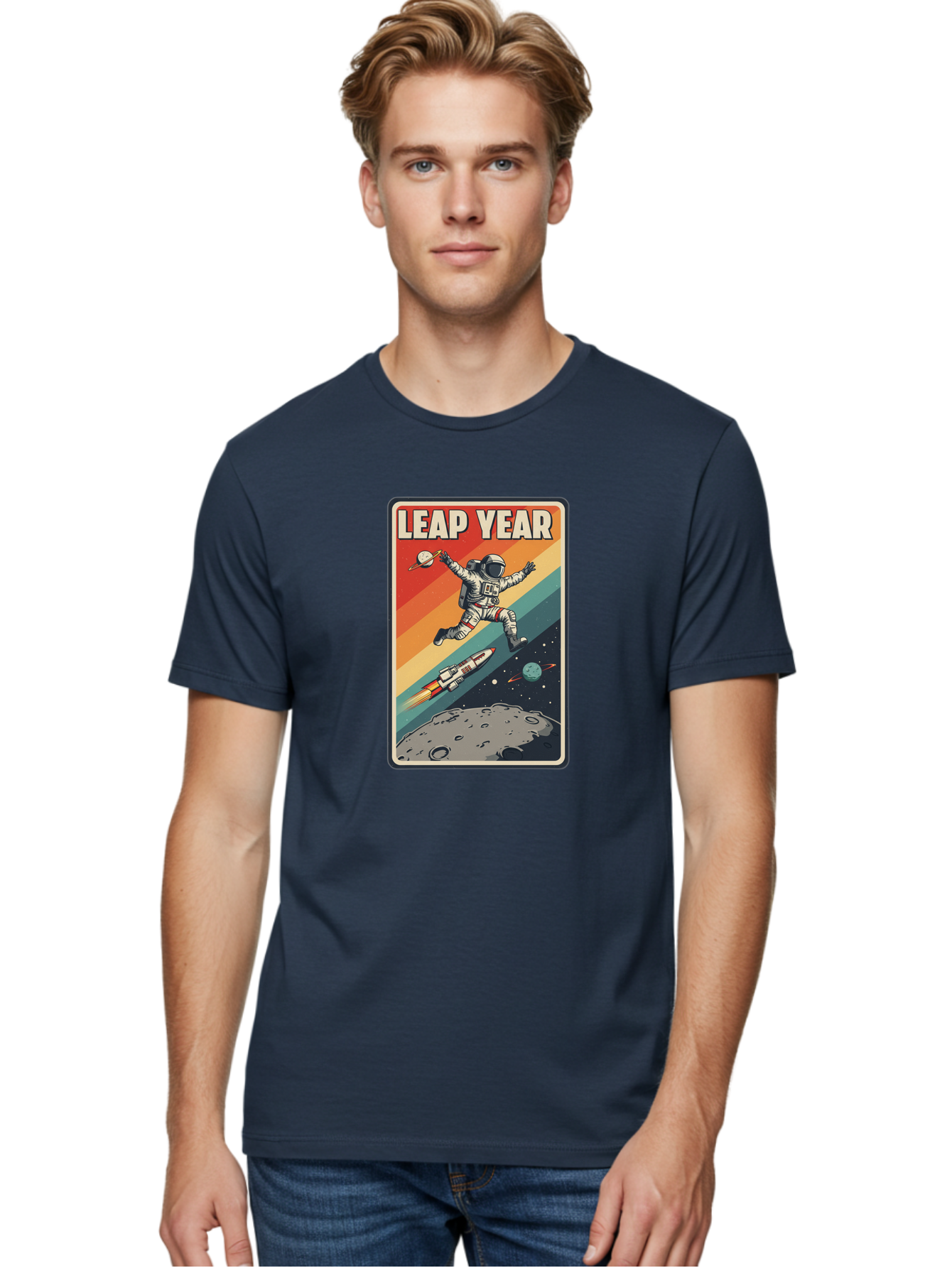 Leap-Year-5 Men'S Graphic Tee, 100% Cotton, Comfortable Casual Summer Wear, Machine Washable, Astronaut Jumping In Space, Retro-Style Poster, Space Exploration, Vintage Graphics, Astronaut In Mid-Air, Rocket Ship In The Background, Bac115 26