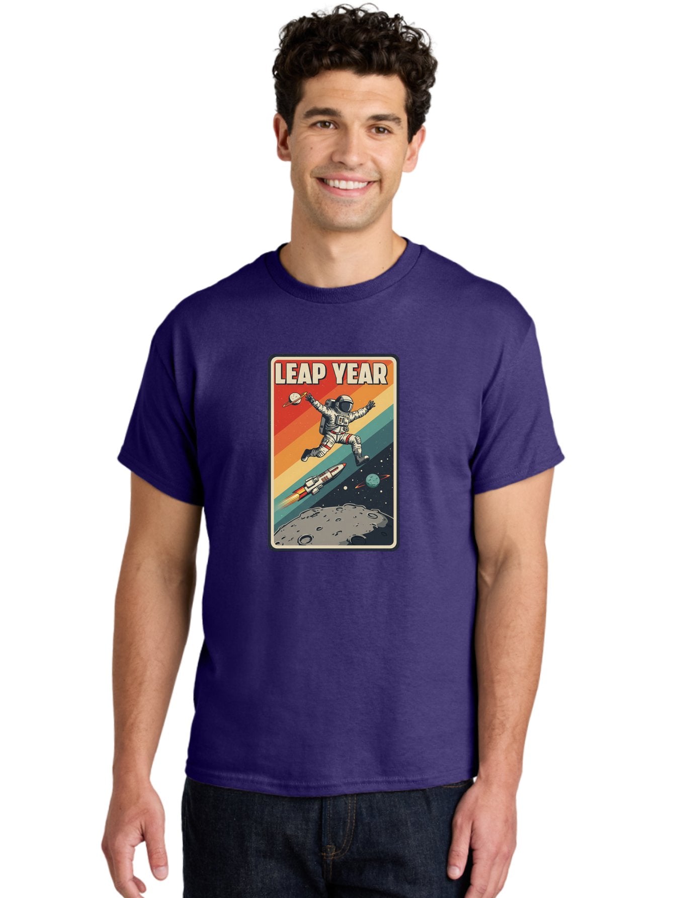 Leap-Year-5 Men'S Graphic Tee, 100% Cotton, Comfortable Casual Summer Wear, Machine Washable, Astronaut Jumping In Space, Retro-Style Poster, Space Exploration, Vintage Graphics, Astronaut In Mid-Air, Rocket Ship In The Background, Bac115 30