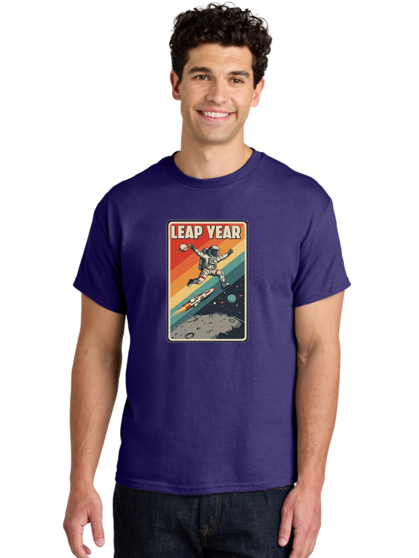 Leap-Year-5 Men'S Graphic Tee, 100% Cotton, Comfortable Casual Summer Wear, Machine Washable, Astronaut Jumping In Space, Retro-Style Poster, Space Exploration, Vintage Graphics, Astronaut In Mid-Air, Rocket Ship In The Background, Bac115 16