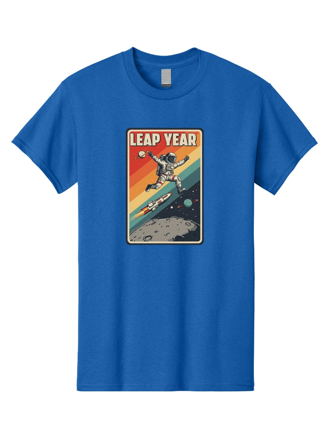 Leap-Year-5 Men'S Graphic Tee, 100% Cotton, Comfortable Casual Summer Wear, Machine Washable, Astronaut Jumping In Space, Retro-Style Poster, Space Exploration, Vintage Graphics, Astronaut In Mid-Air, Rocket Ship In The Background, Bac115 14