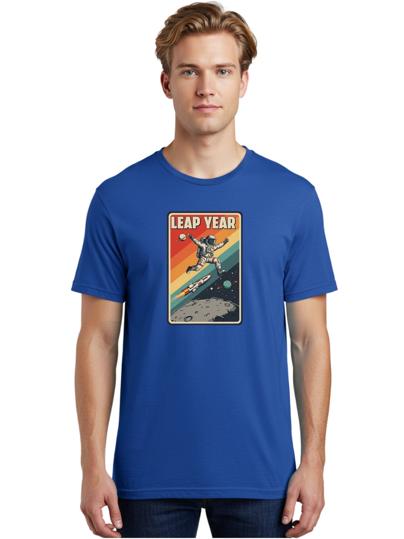 Leap-Year-5 Men'S Graphic Tee, 100% Cotton, Comfortable Casual Summer Wear, Machine Washable, Astronaut Jumping In Space, Retro-Style Poster, Space Exploration, Vintage Graphics, Astronaut In Mid-Air, Rocket Ship In The Background, Bac115 29