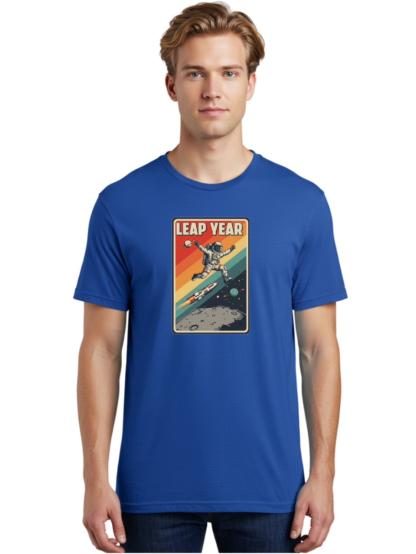 Leap-Year-5 Men'S Graphic Tee, 100% Cotton, Comfortable Casual Summer Wear, Machine Washable, Astronaut Jumping In Space, Retro-Style Poster, Space Exploration, Vintage Graphics, Astronaut In Mid-Air, Rocket Ship In The Background, Bac115 17