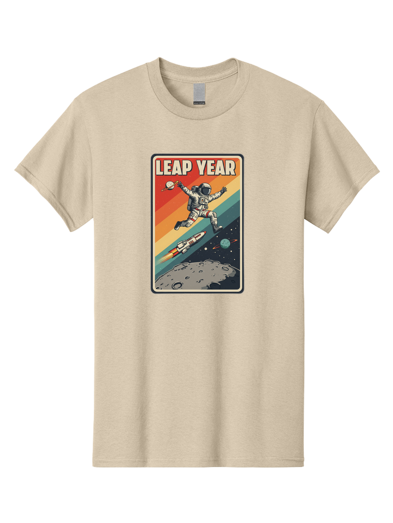 Leap-Year-5 Men'S Graphic Tee, 100% Cotton, Comfortable Casual Summer Wear, Machine Washable, Astronaut Jumping In Space, Retro-Style Poster, Space Exploration, Vintage Graphics, Astronaut In Mid-Air, Rocket Ship In The Background, Bac115 7