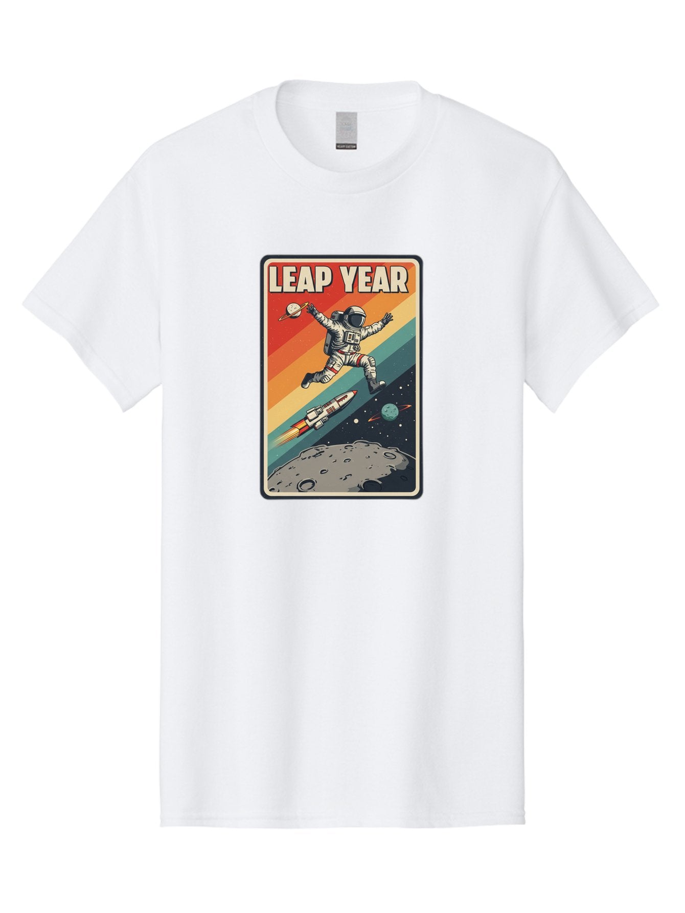 Leap-Year-5 Men'S Graphic Tee, 100% Cotton, Comfortable Casual Summer Wear, Machine Washable, Astronaut Jumping In Space, Retro-Style Poster, Space Exploration, Vintage Graphics, Astronaut In Mid-Air, Rocket Ship In The Background, Bac115 5