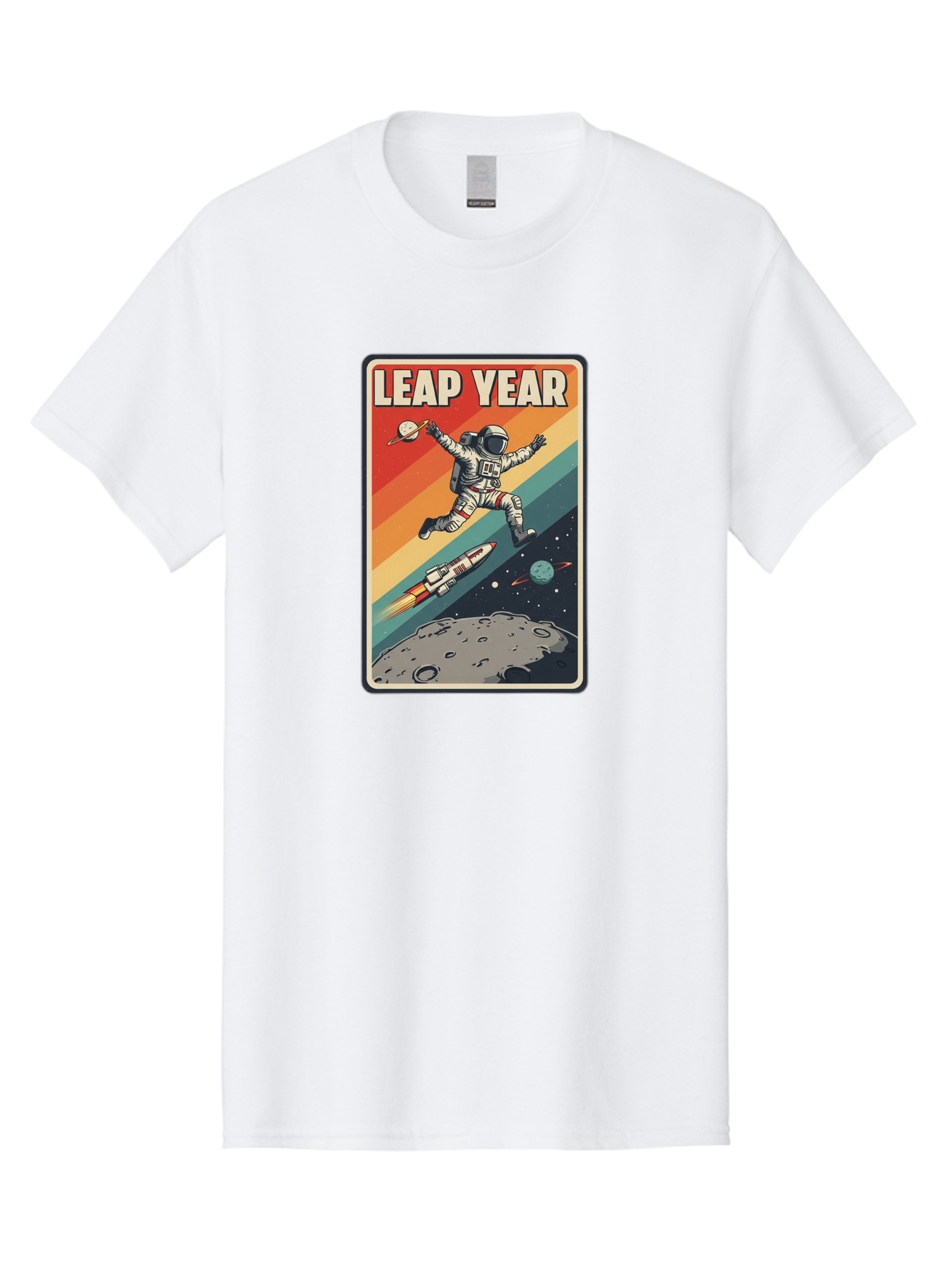Leap-Year-5 Men'S Graphic Tee, 100% Cotton, Comfortable Casual Summer Wear, Machine Washable, Astronaut Jumping In Space, Retro-Style Poster, Space Exploration, Vintage Graphics, Astronaut In Mid-Air, Rocket Ship In The Background, Bac115 8
