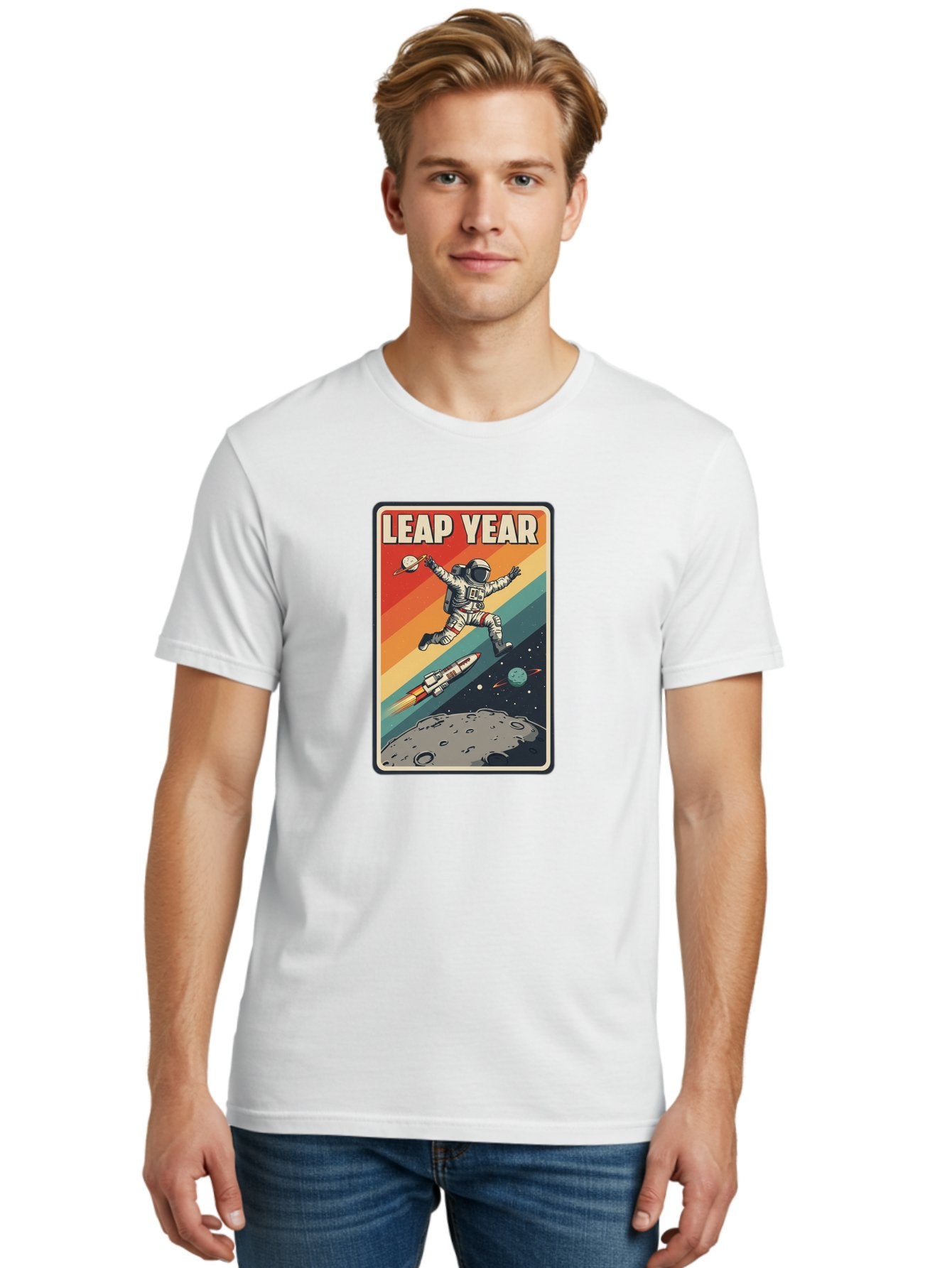 Leap-Year-5 Men'S Graphic Tee, 100% Cotton, Comfortable Casual Summer Wear, Machine Washable, Astronaut Jumping In Space, Retro-Style Poster, Space Exploration, Vintage Graphics, Astronaut In Mid-Air, Rocket Ship In The Background, Bac115 23