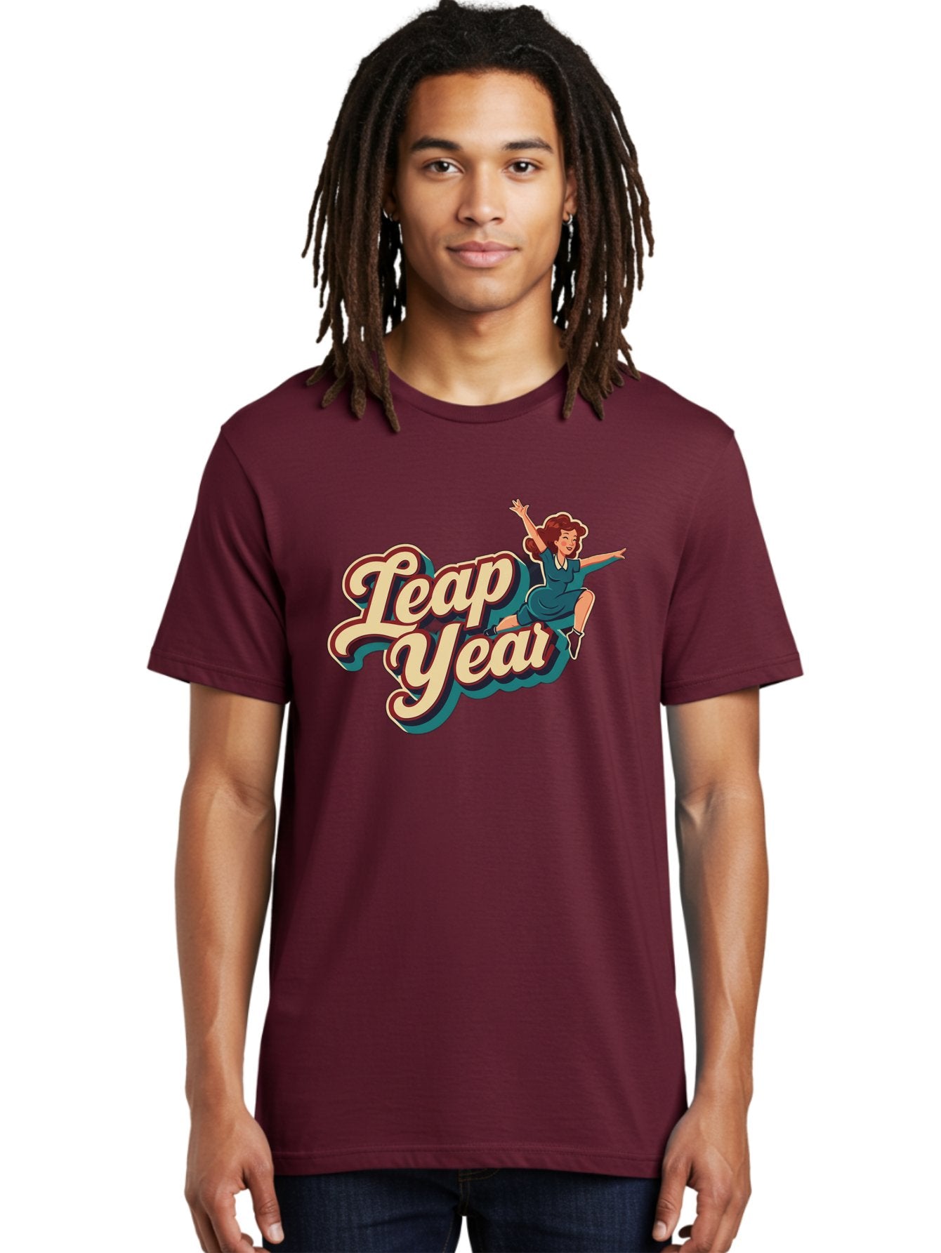 Leap-Year-6 Men'S Graphic Tee, 100% Cotton, Comfortable Casual Summer Wear, Machine Washable, Leap Year, Cartoon Woman, Retro Style, Playful Vibe, Jumping Gesture, Fun Graphics, Vintage Aesthetic, Happy Atmosphere Bac116 16