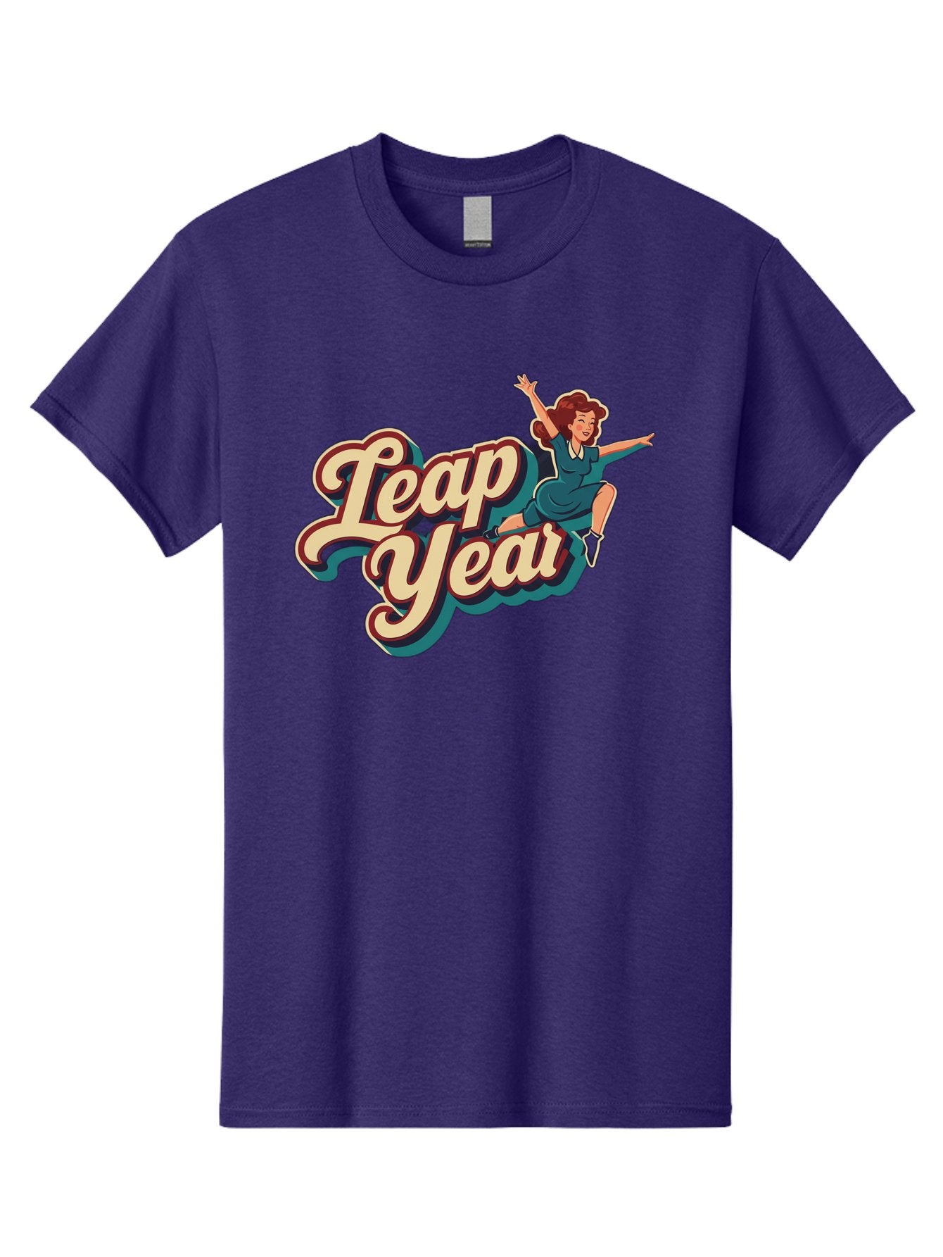 Leap-Year-6 Men'S Graphic Tee, 100% Cotton, Comfortable Casual Summer Wear, Machine Washable, Leap Year, Cartoon Woman, Retro Style, Playful Vibe, Jumping Gesture, Fun Graphics, Vintage Aesthetic, Happy Atmosphere Bac116
